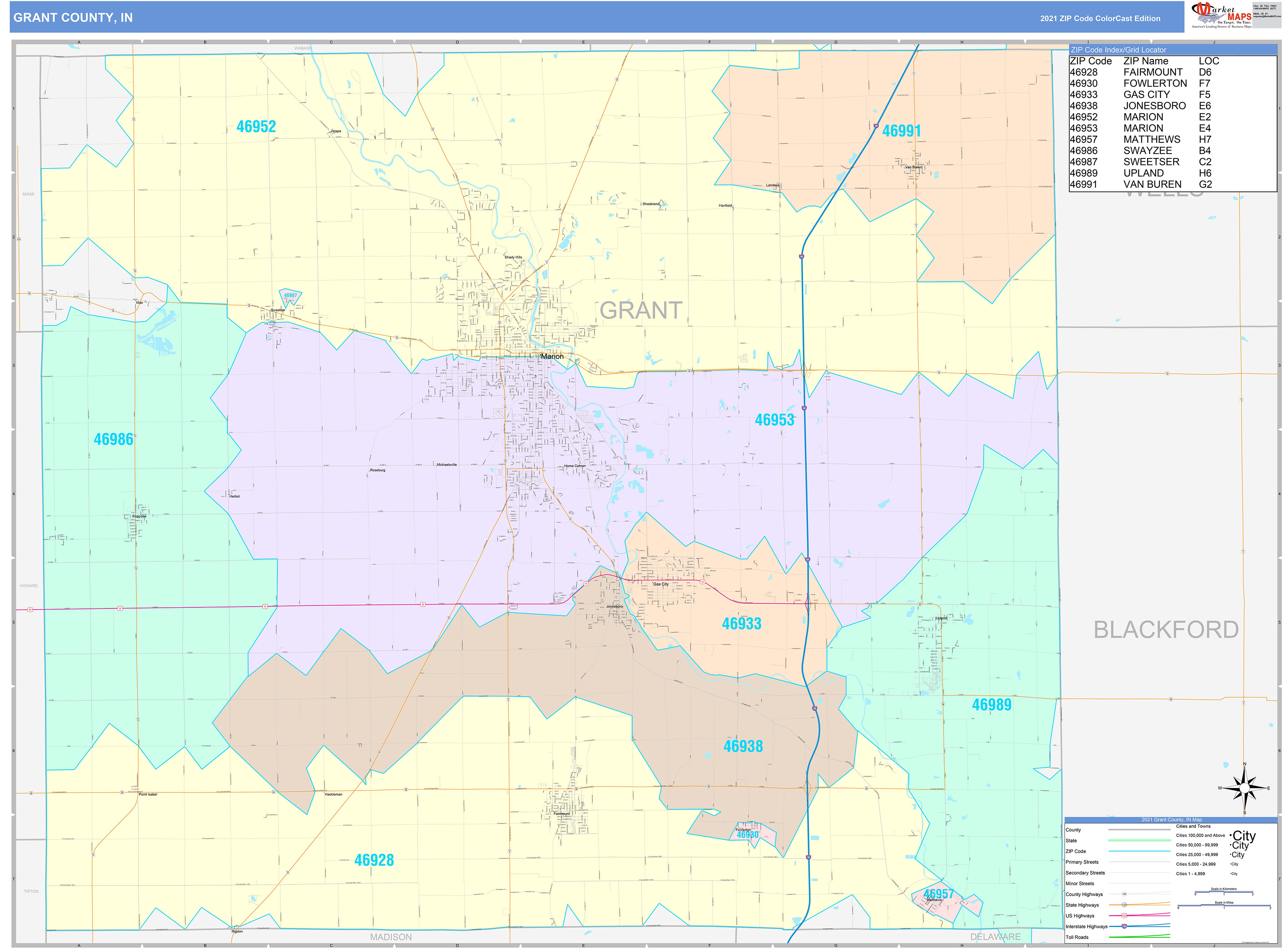 Grant County, IN Wall Map Color Cast Style by MarketMAPS