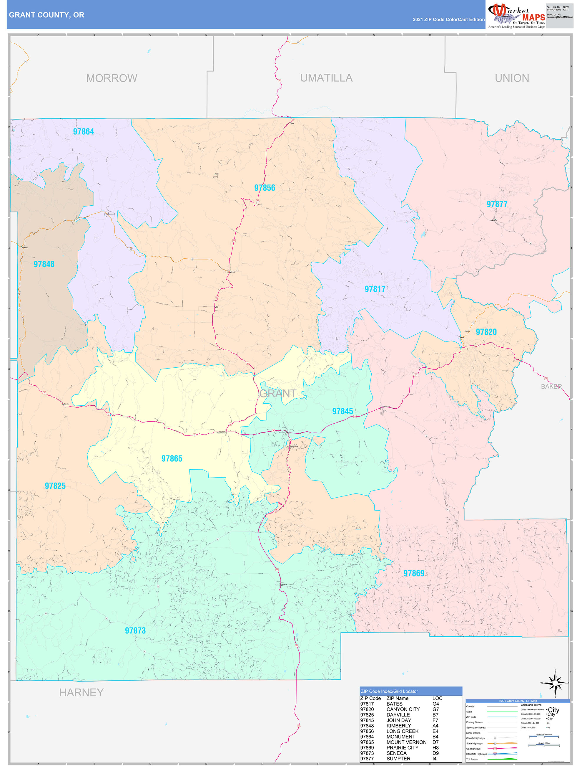 Grant County, OR Wall Map Color Cast Style by MarketMAPS