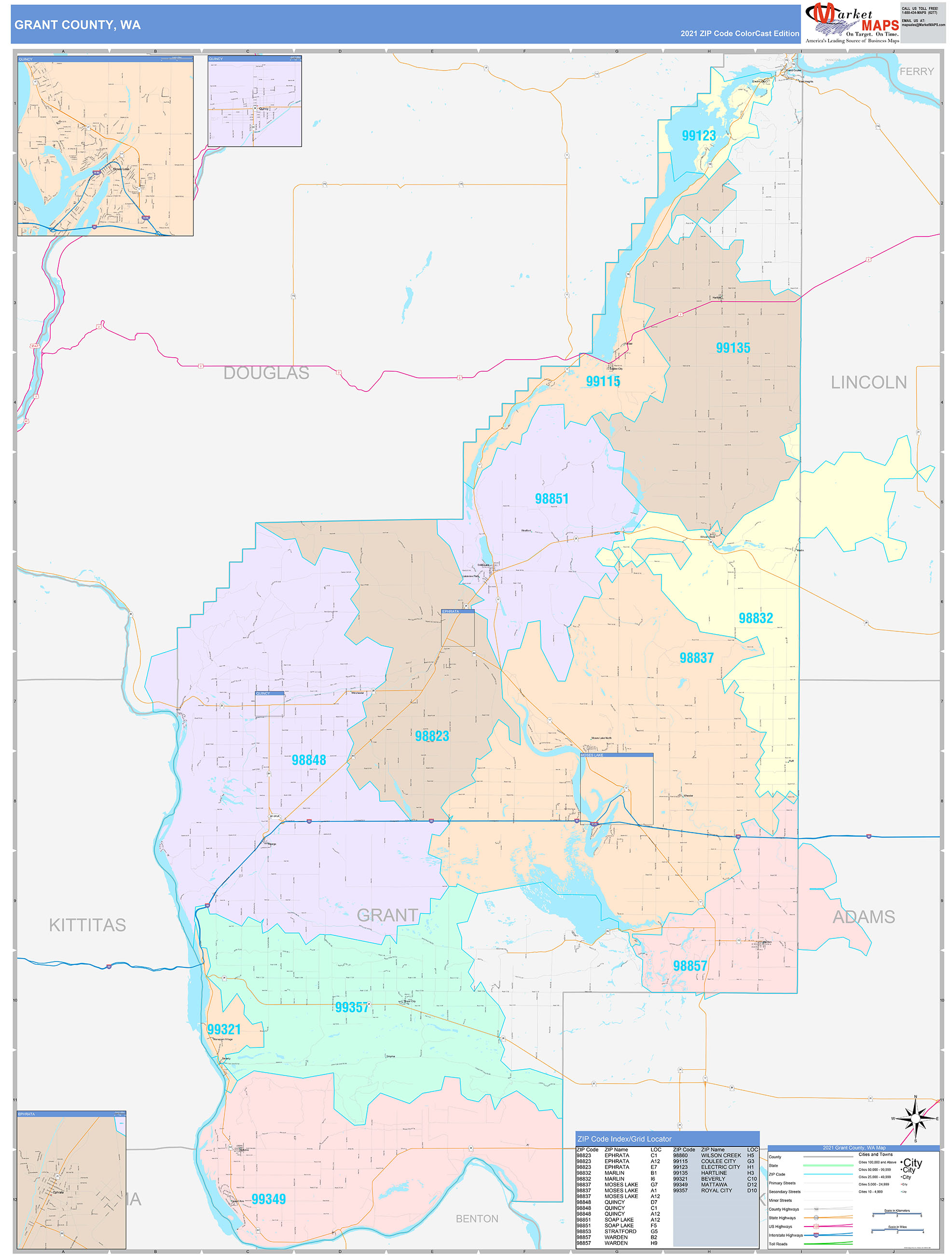Grant County, WA Wall Map Color Cast Style by MarketMAPS MapSales