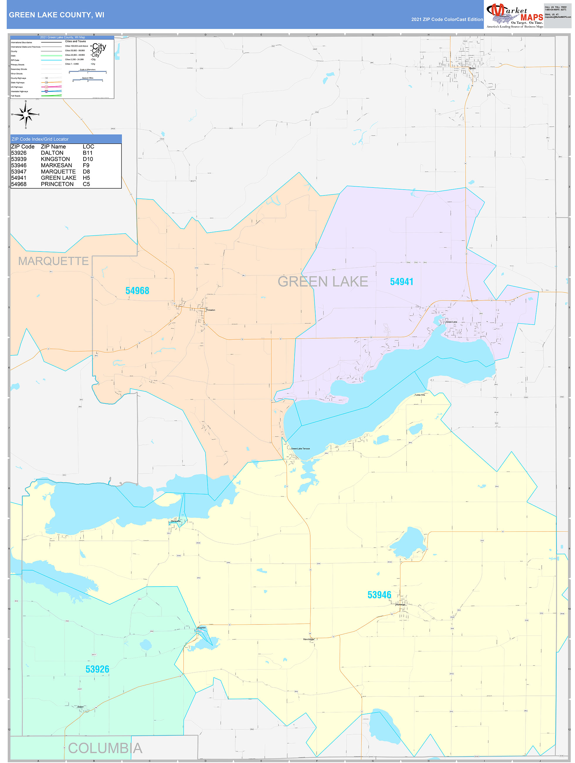Green Lake County, WI Wall Map Color Cast Style by MarketMAPS