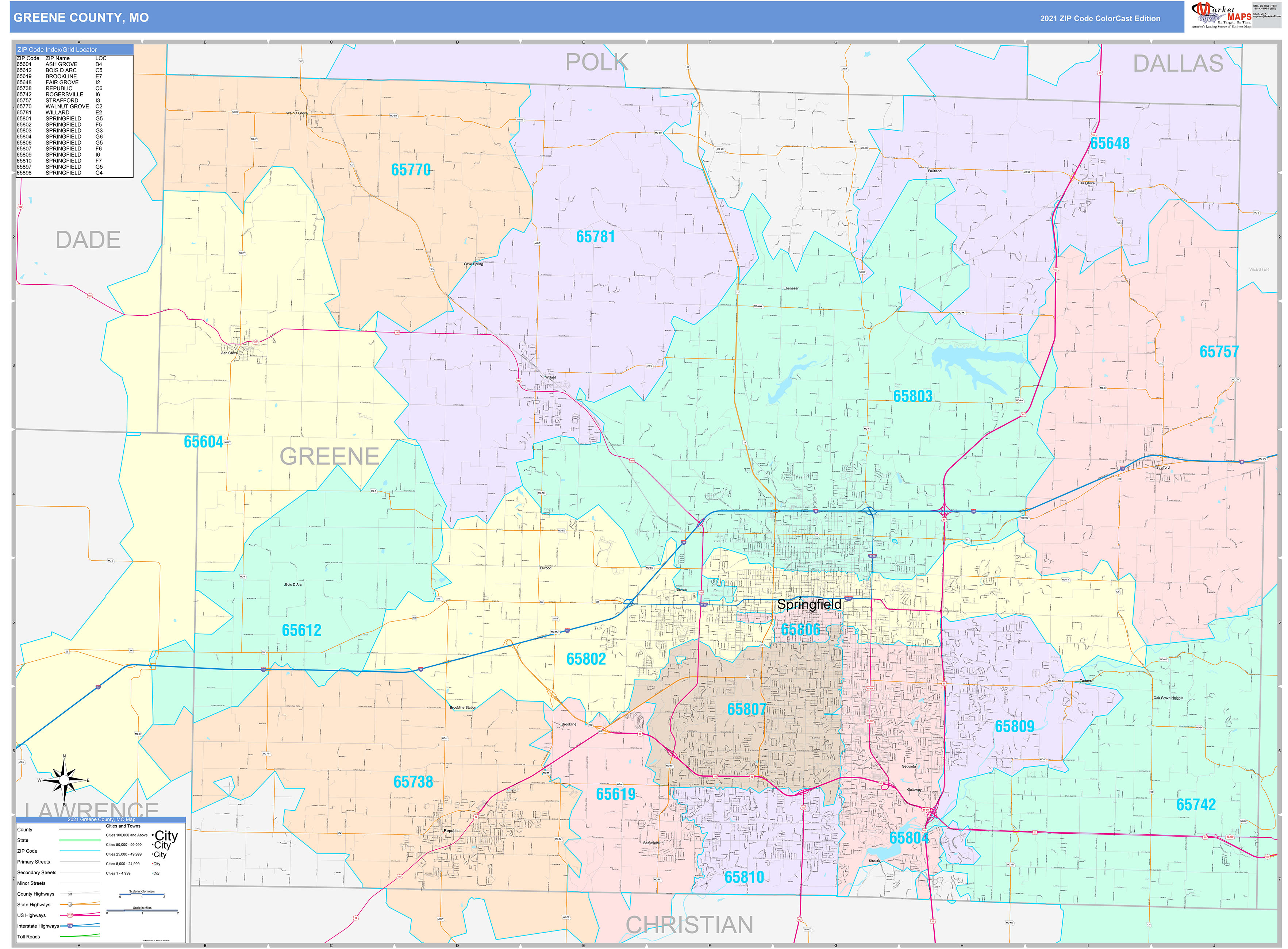 Greene County, MO Wall Map Color Cast Style by MarketMAPS