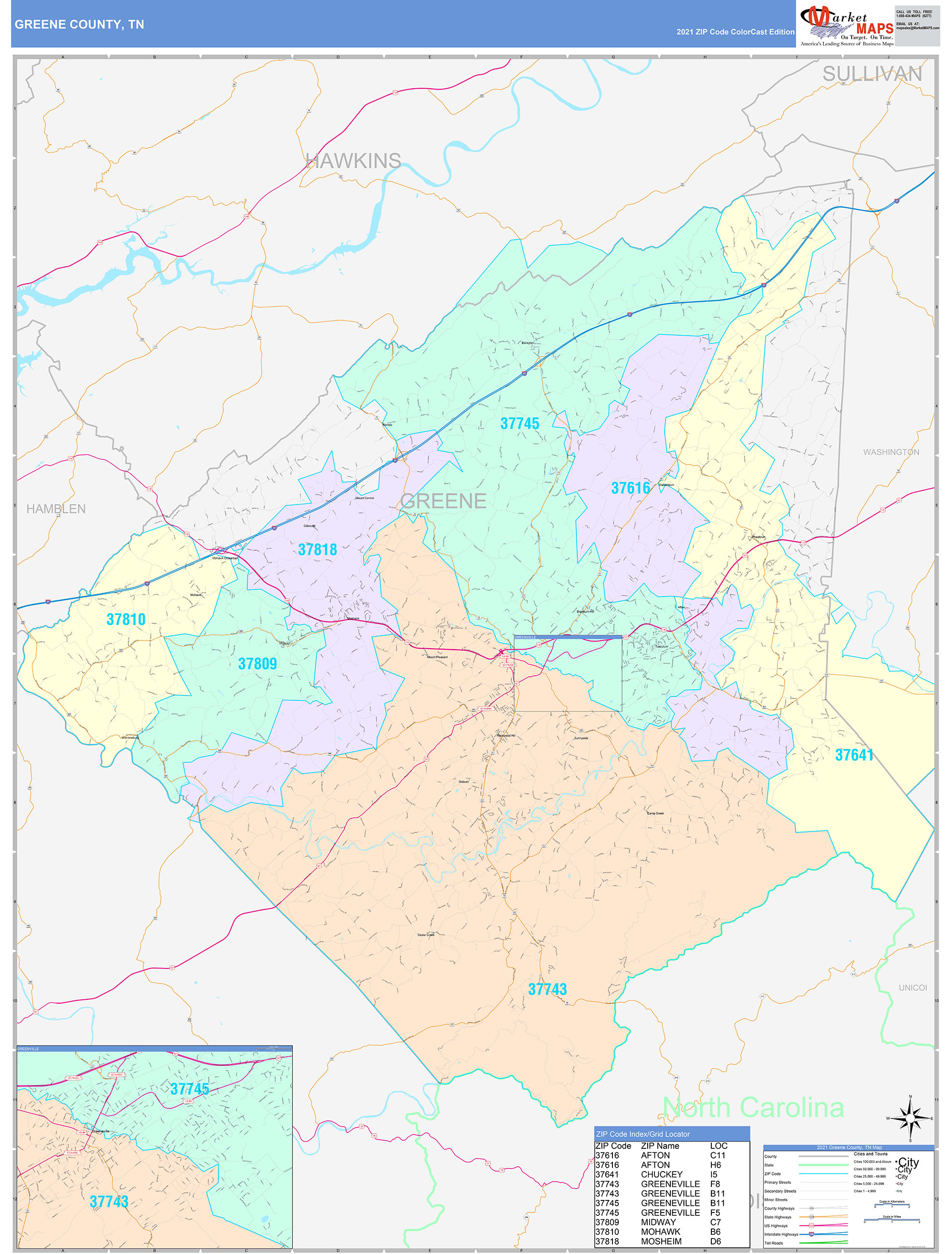 Greene County TN Wall Map Color Cast Style By MarketMAPS MapSales