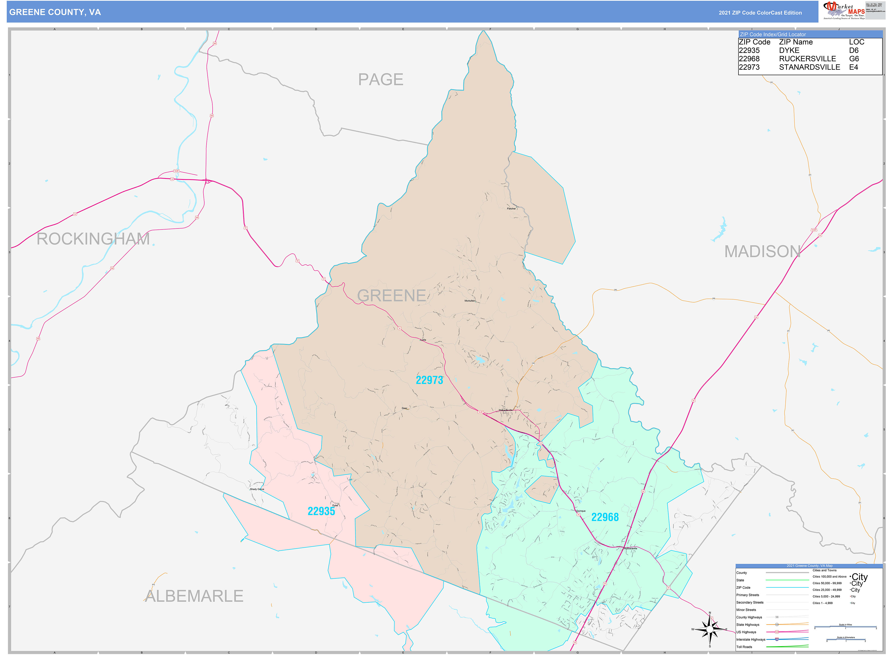 Greene County, VA Wall Map Color Cast Style by MarketMAPS