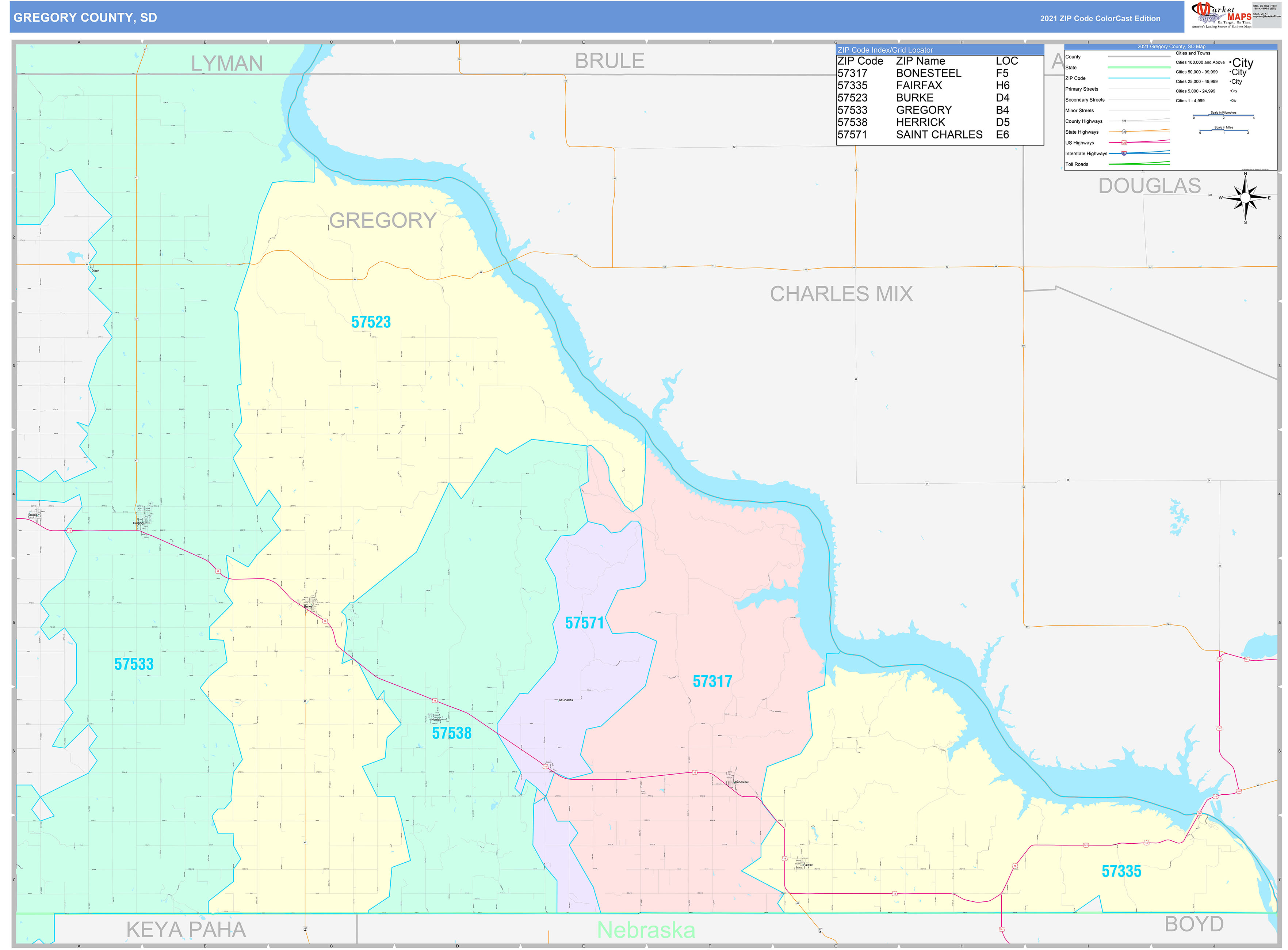 Gregory County, SD Wall Map Color Cast Style by MarketMAPS