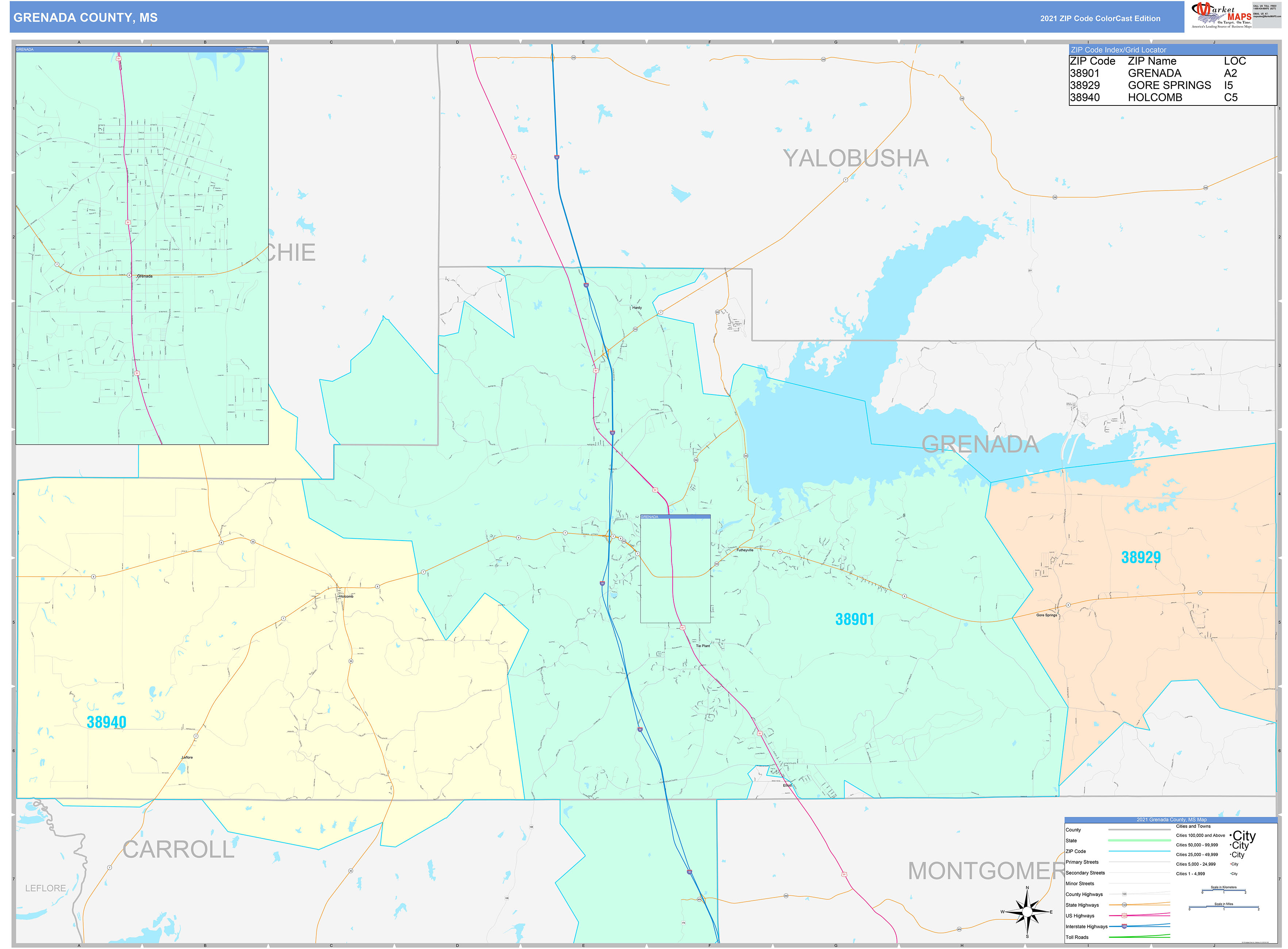 Grenada County, MS Wall Map Color Cast Style by MarketMAPS