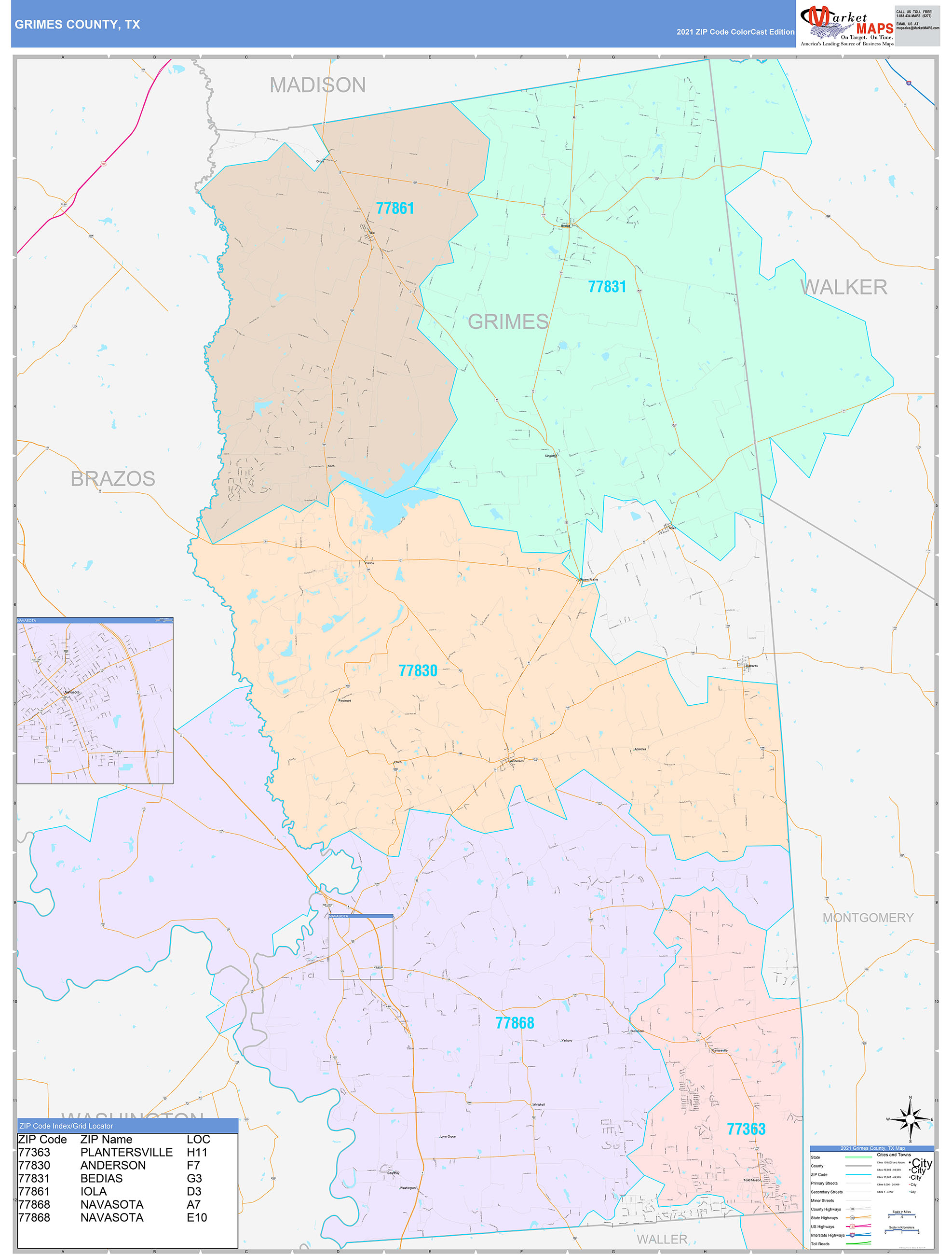 Grimes County, TX Wall Map Color Cast Style by MarketMAPS MapSales