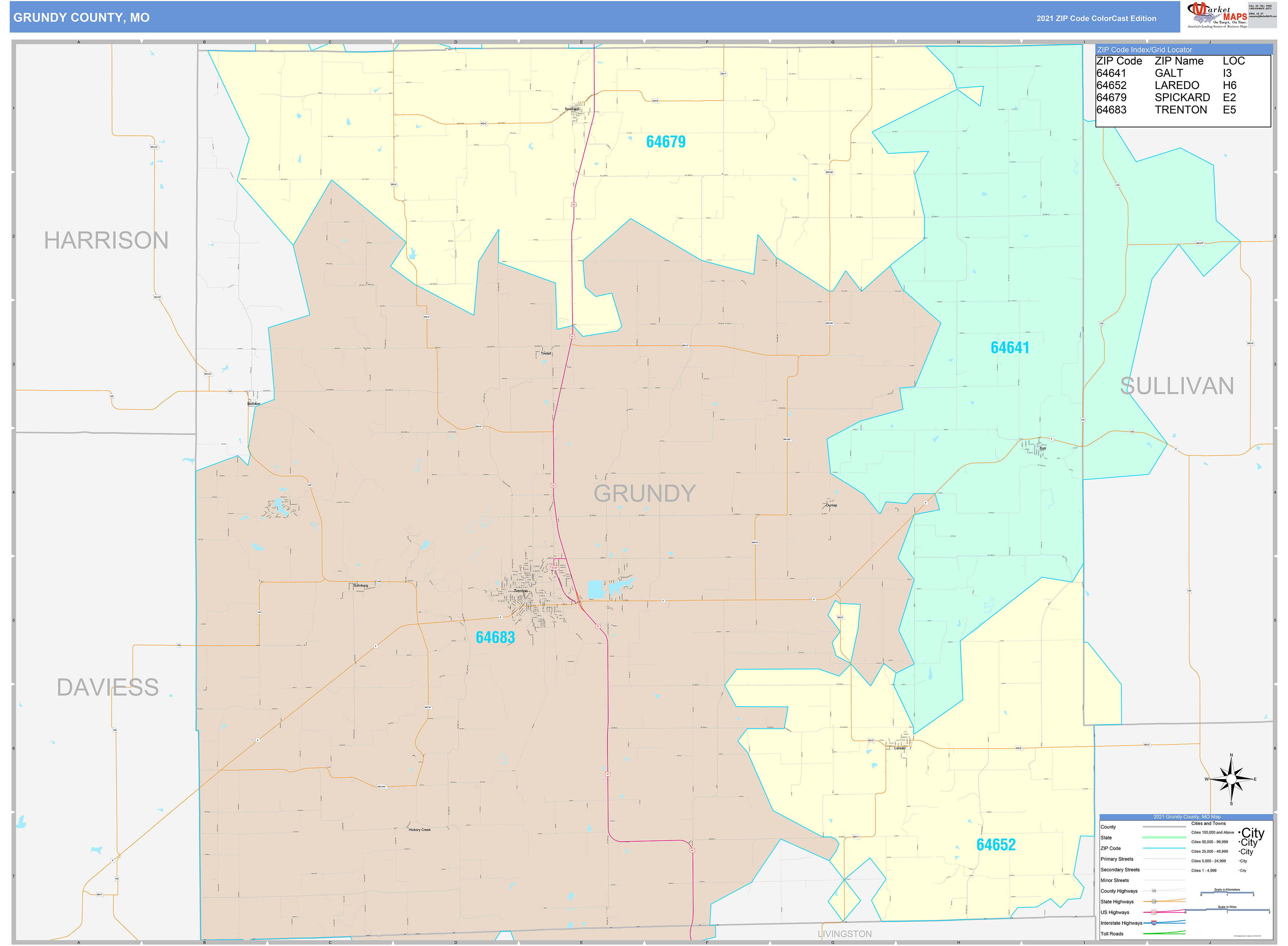 Grundy County, MO Wall Map Color Cast Style by MarketMAPS MapSales
