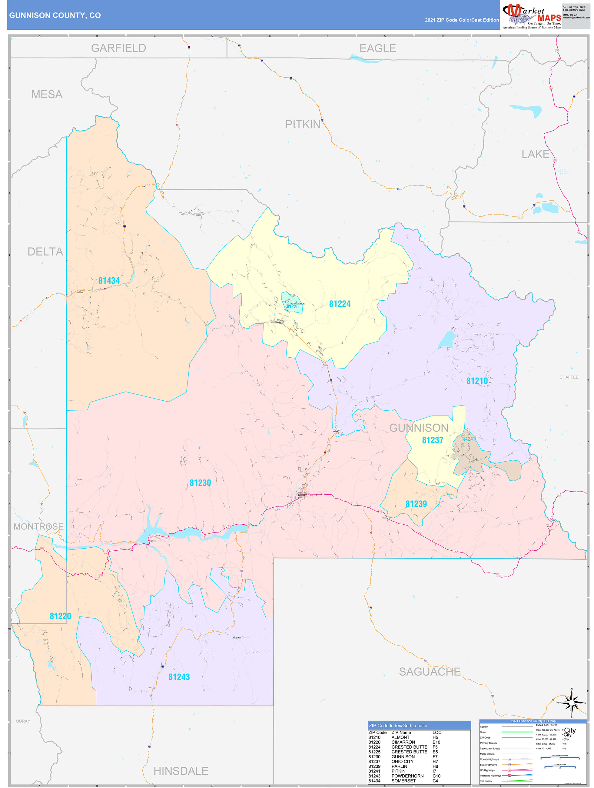 Gunnison County, CO Wall Map Color Cast Style by MarketMAPS