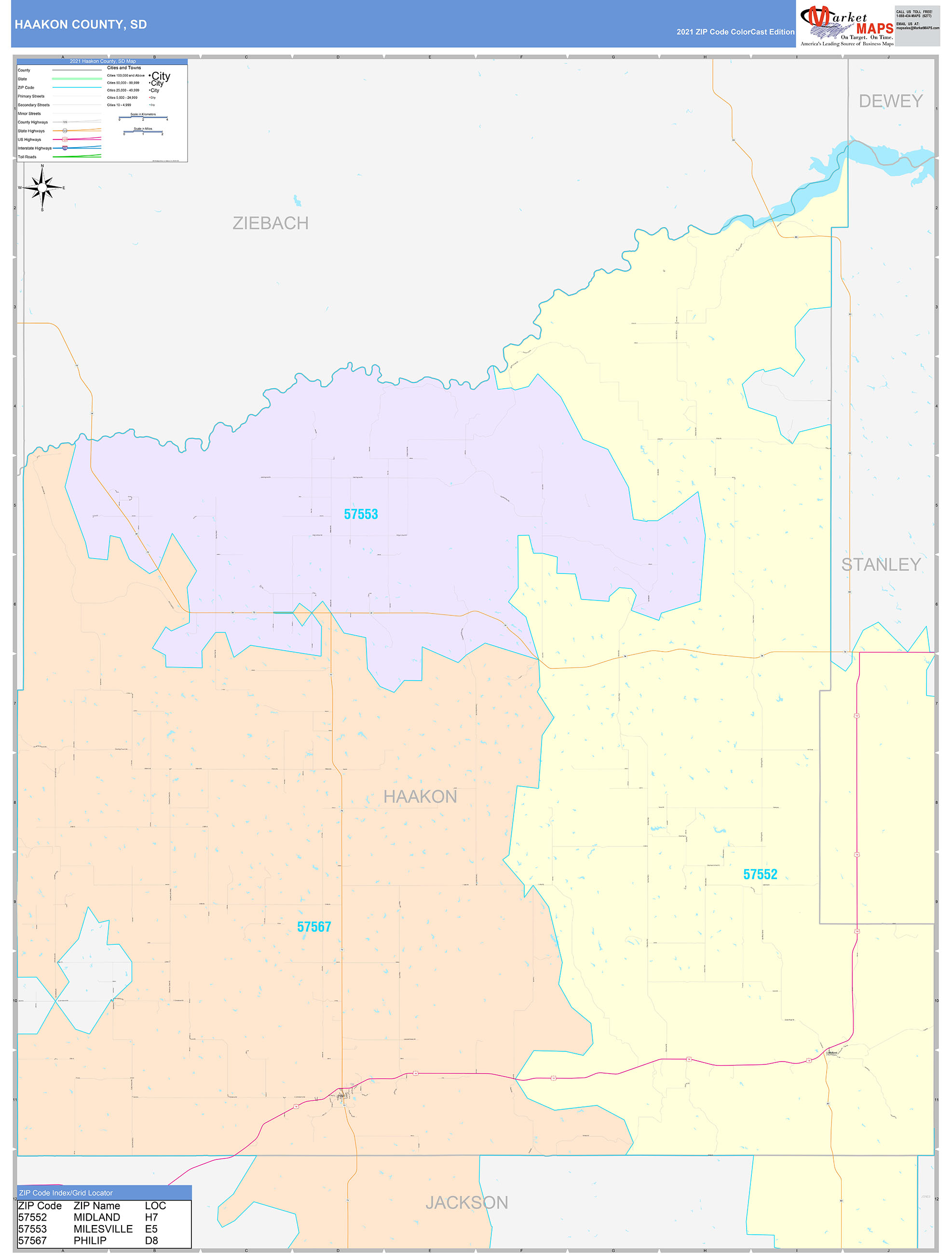 Haakon County, SD Wall Map Color Cast Style by MarketMAPS