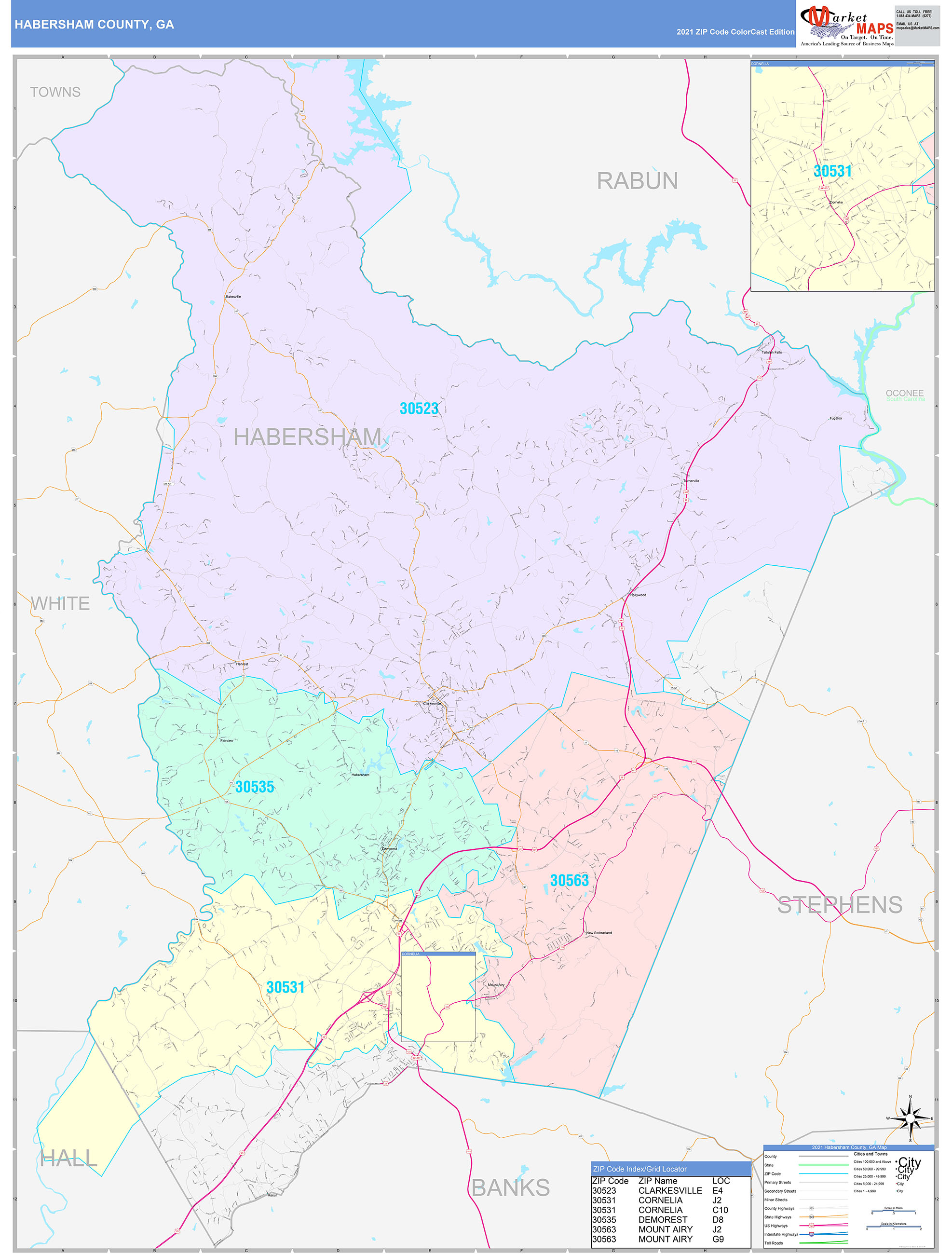 Habersham County, GA Wall Map Color Cast Style by MarketMAPS