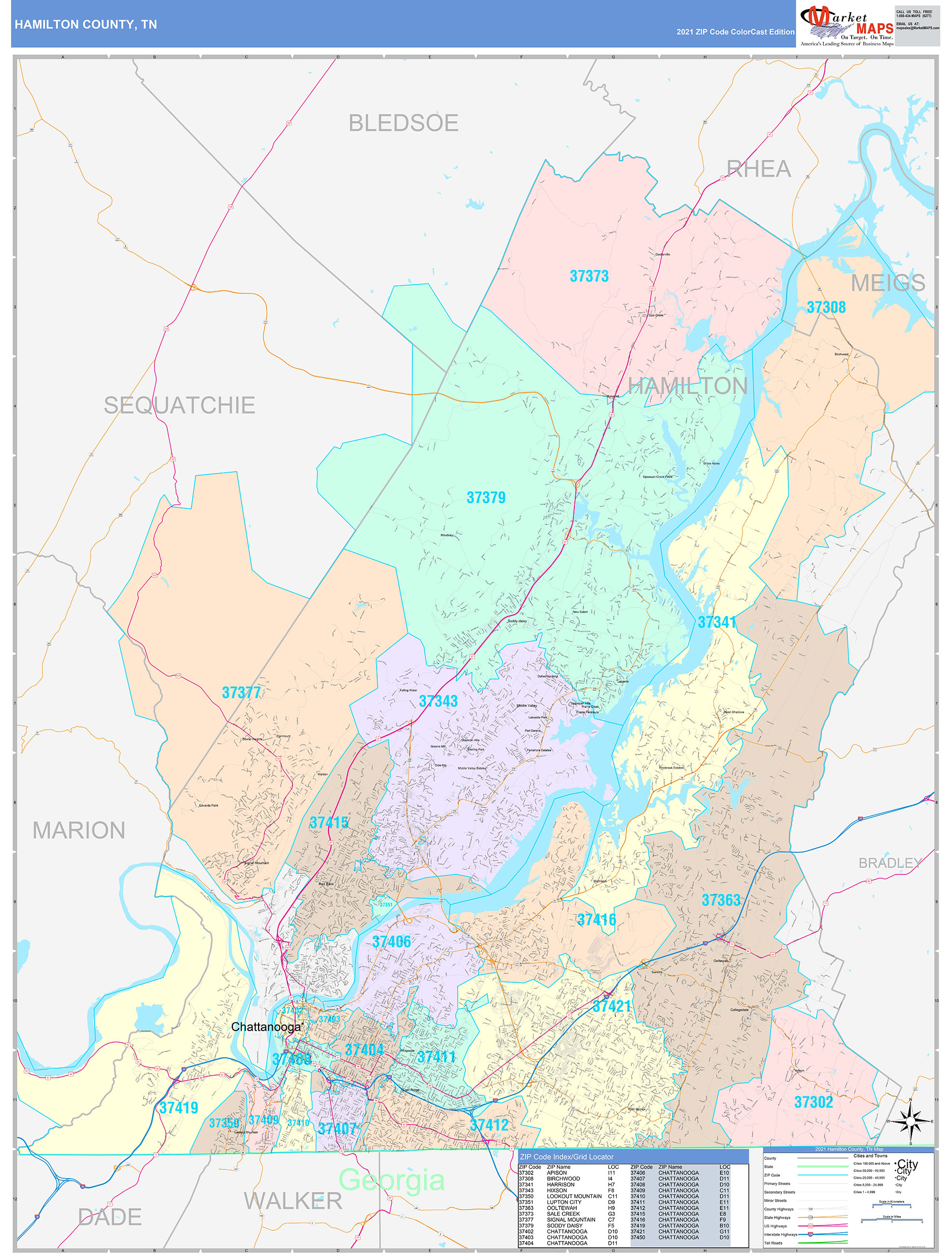 Hamilton County, TN Wall Map Color Cast Style by MarketMAPS MapSales