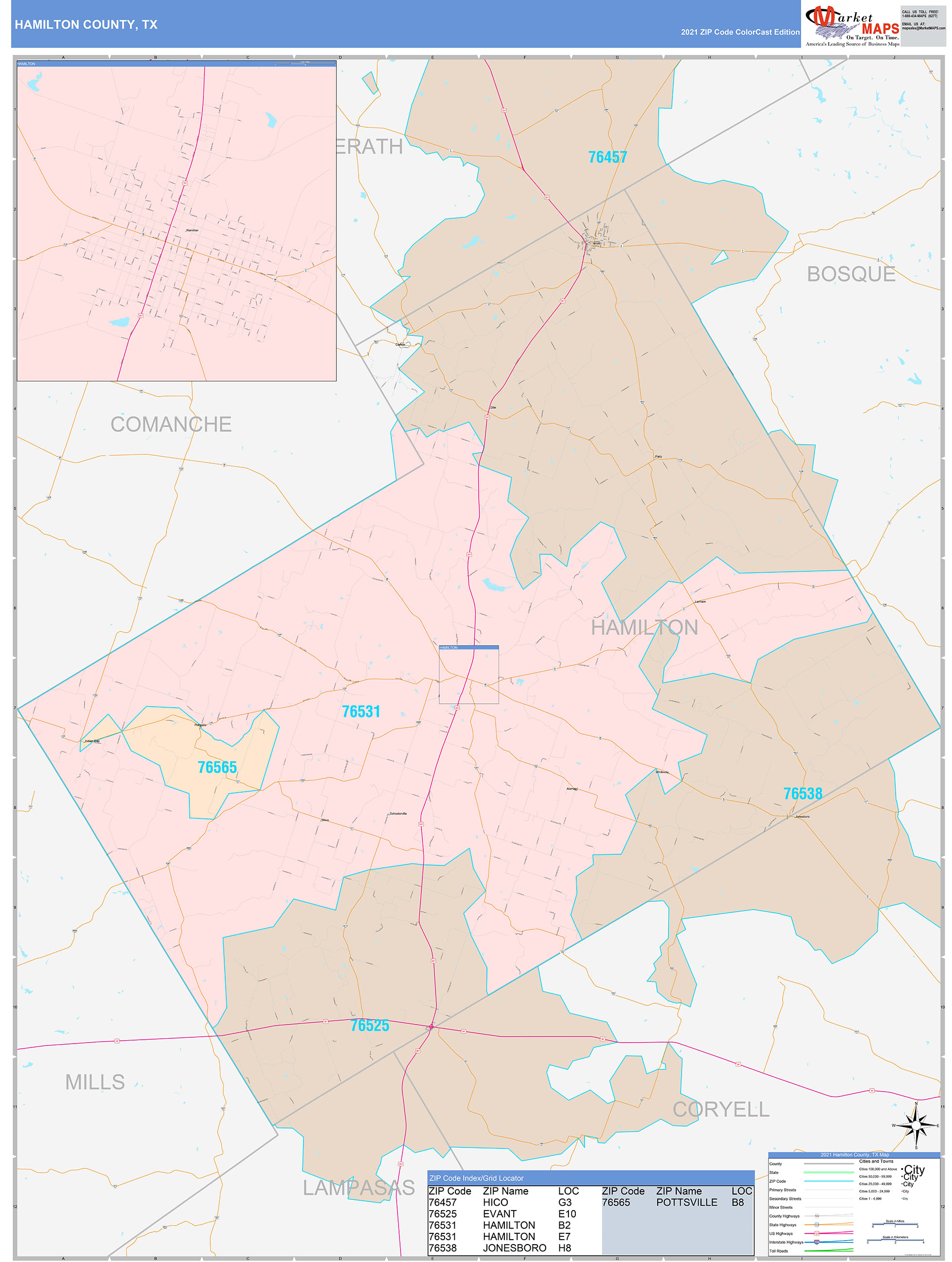 Hamilton County, TX Wall Map Color Cast Style by MarketMAPS