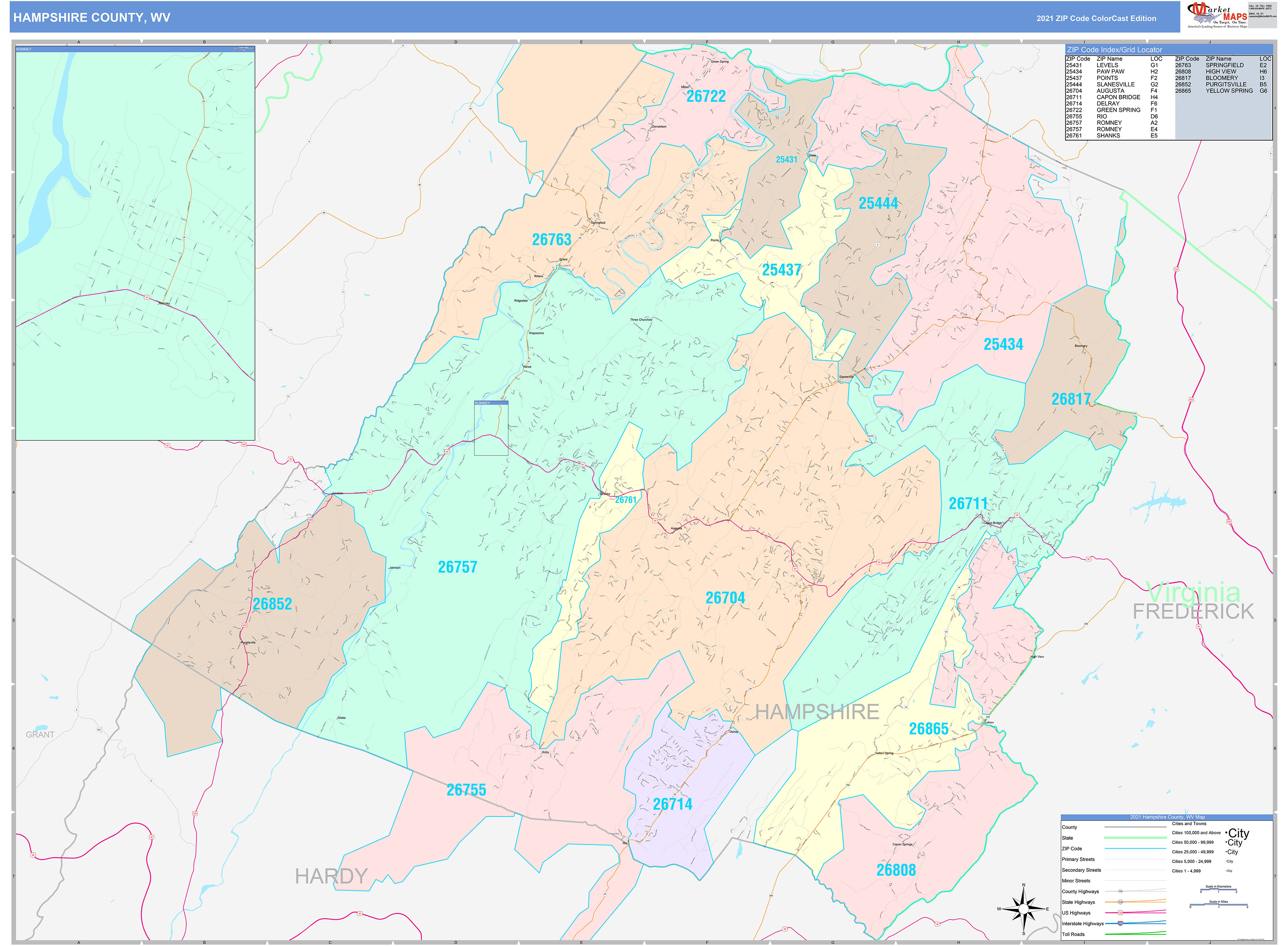 Hampshire County, WV Wall Map Color Cast Style by MarketMAPS