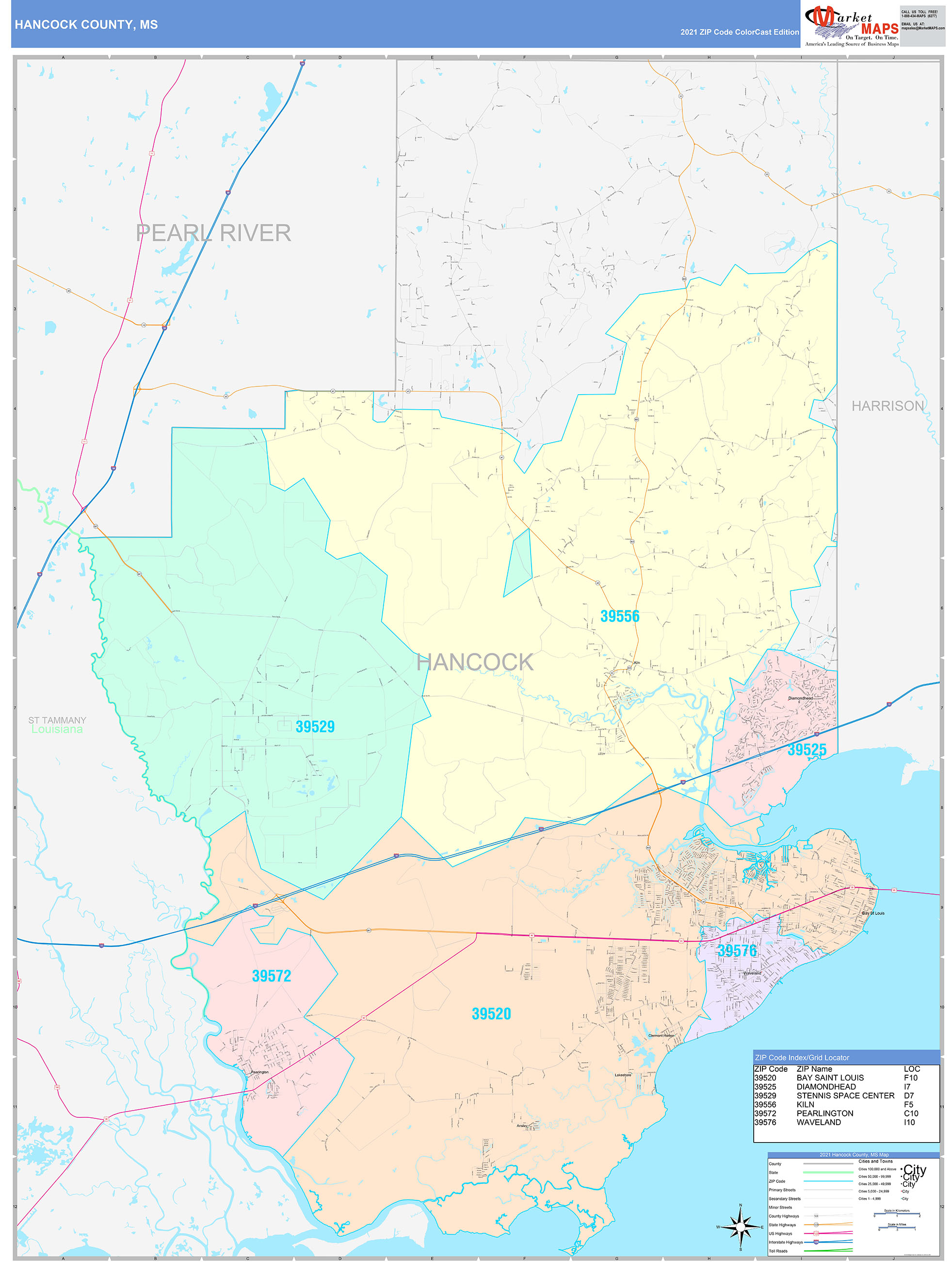 Hancock County, MS Wall Map Color Cast Style by MarketMAPS MapSales