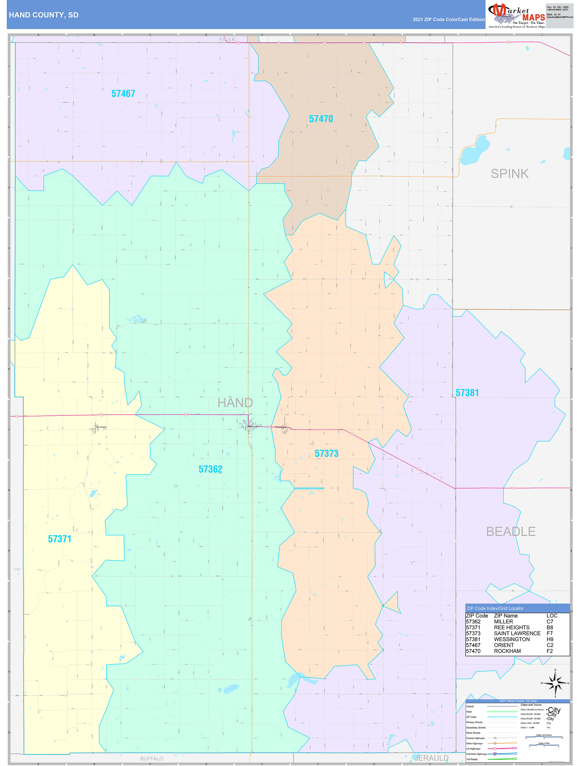 Hand County, SD Wall Map Color Cast Style by MarketMAPS