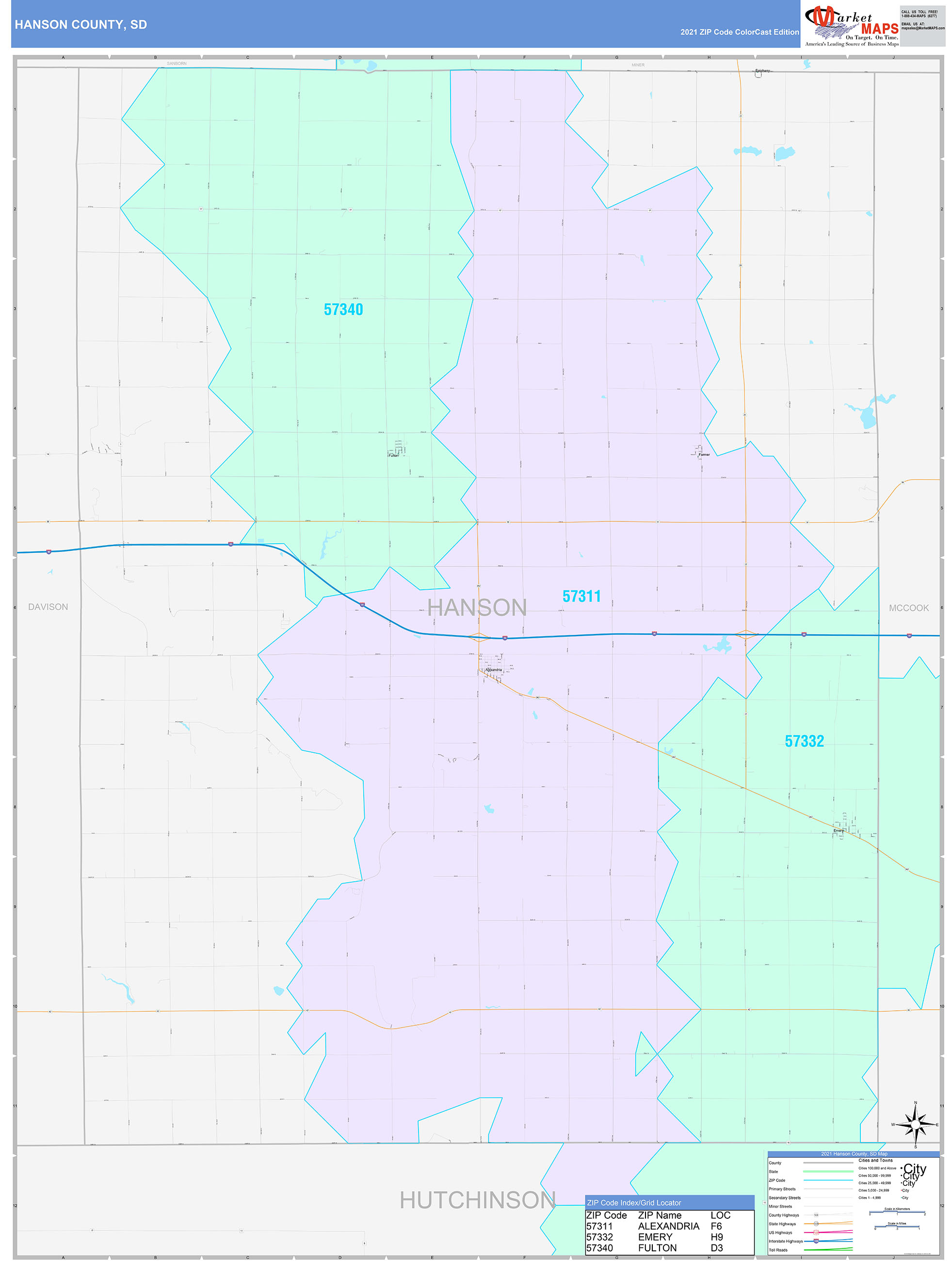 Hanson County, SD Wall Map Color Cast Style by MarketMAPS