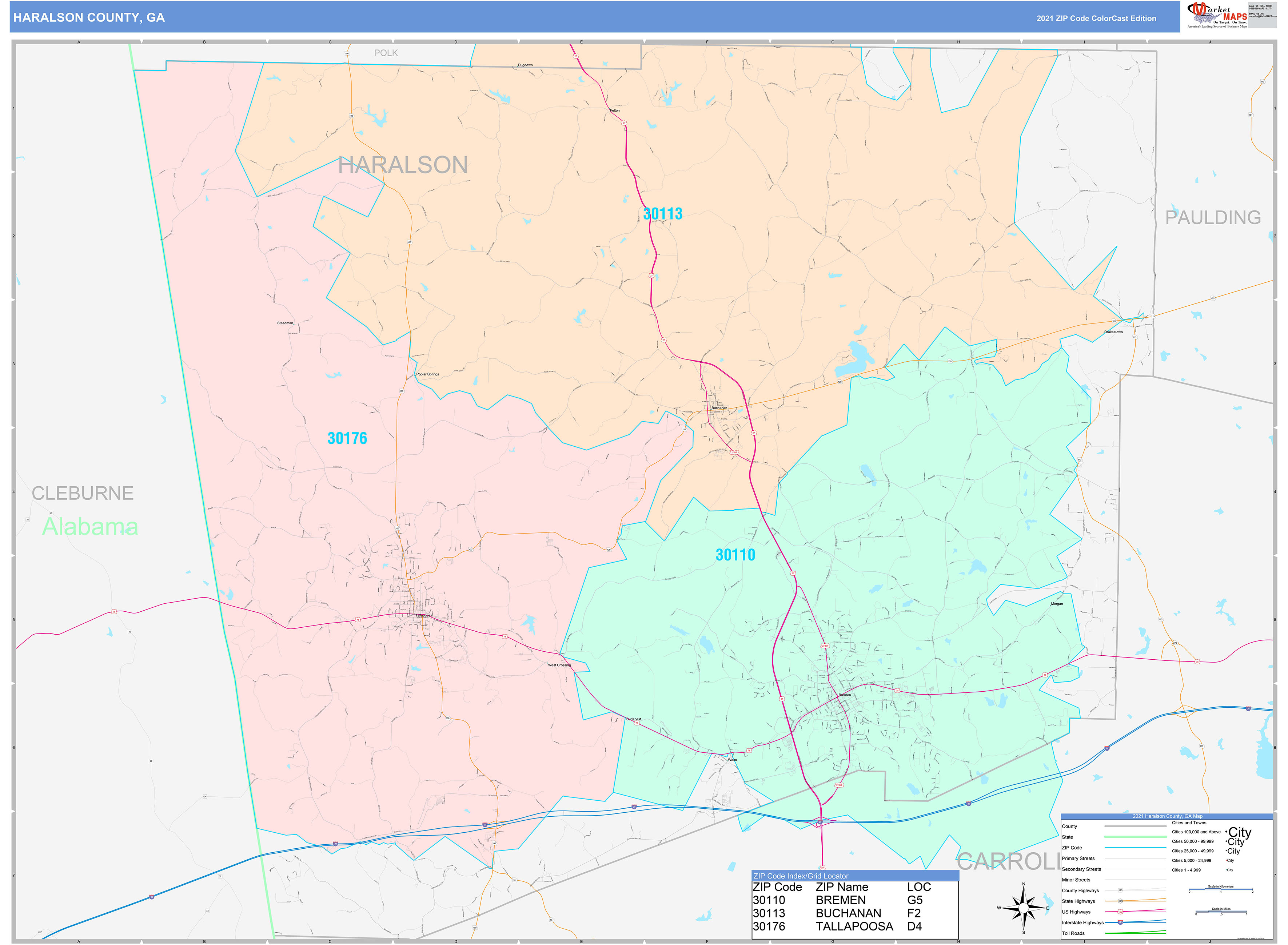Haralson County, GA Wall Map Color Cast Style by MarketMAPS - MapSales.com