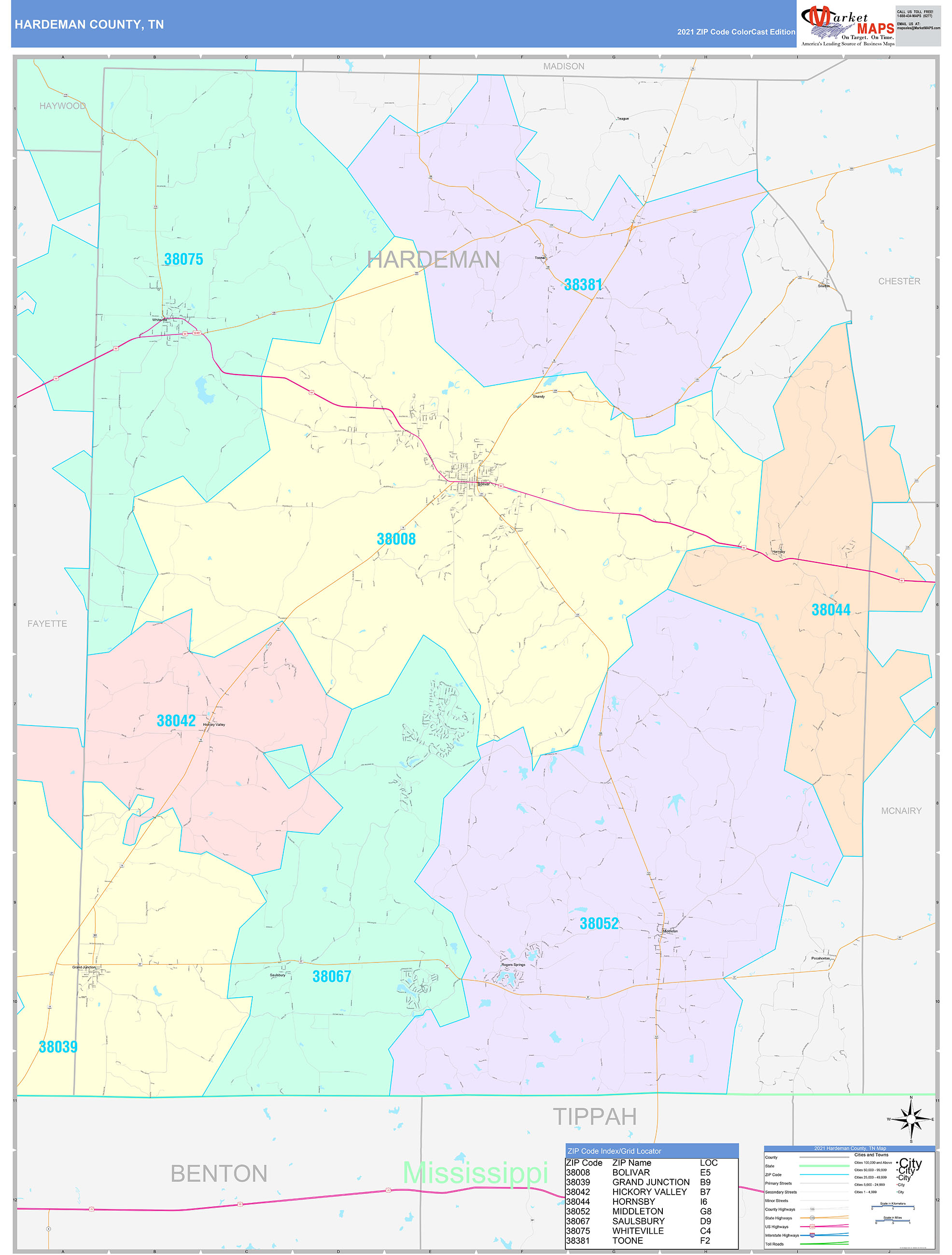 Hardeman County, TN Wall Map Color Cast Style by MarketMAPS