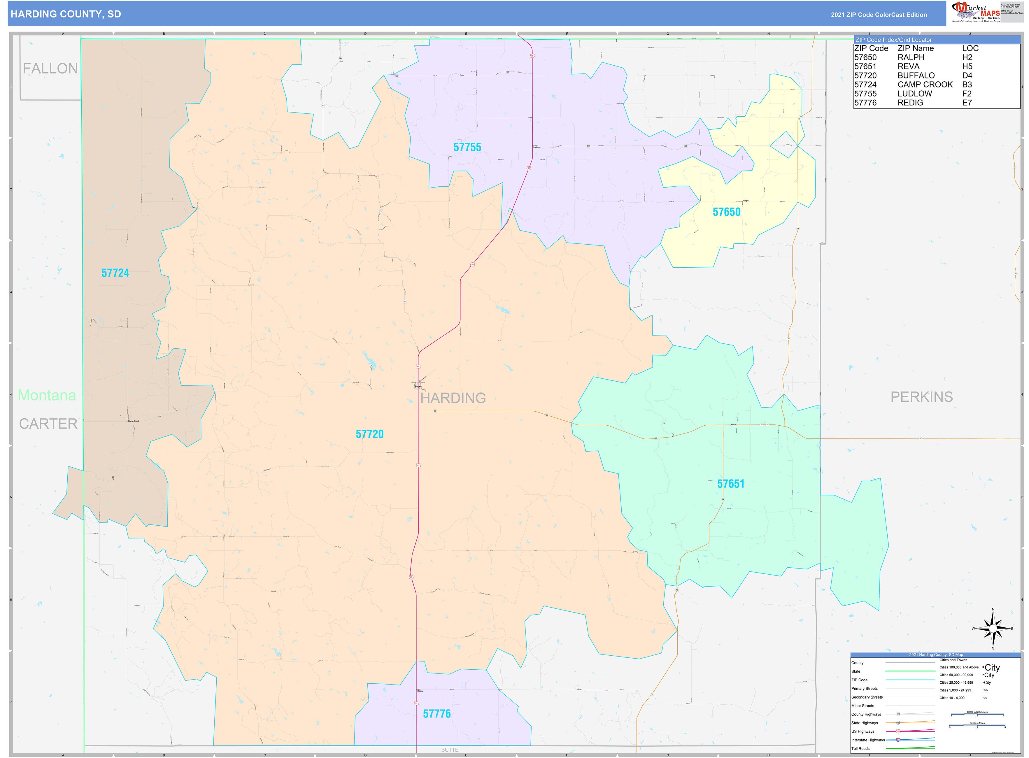 Harding County, SD Wall Map Color Cast Style by MarketMAPS