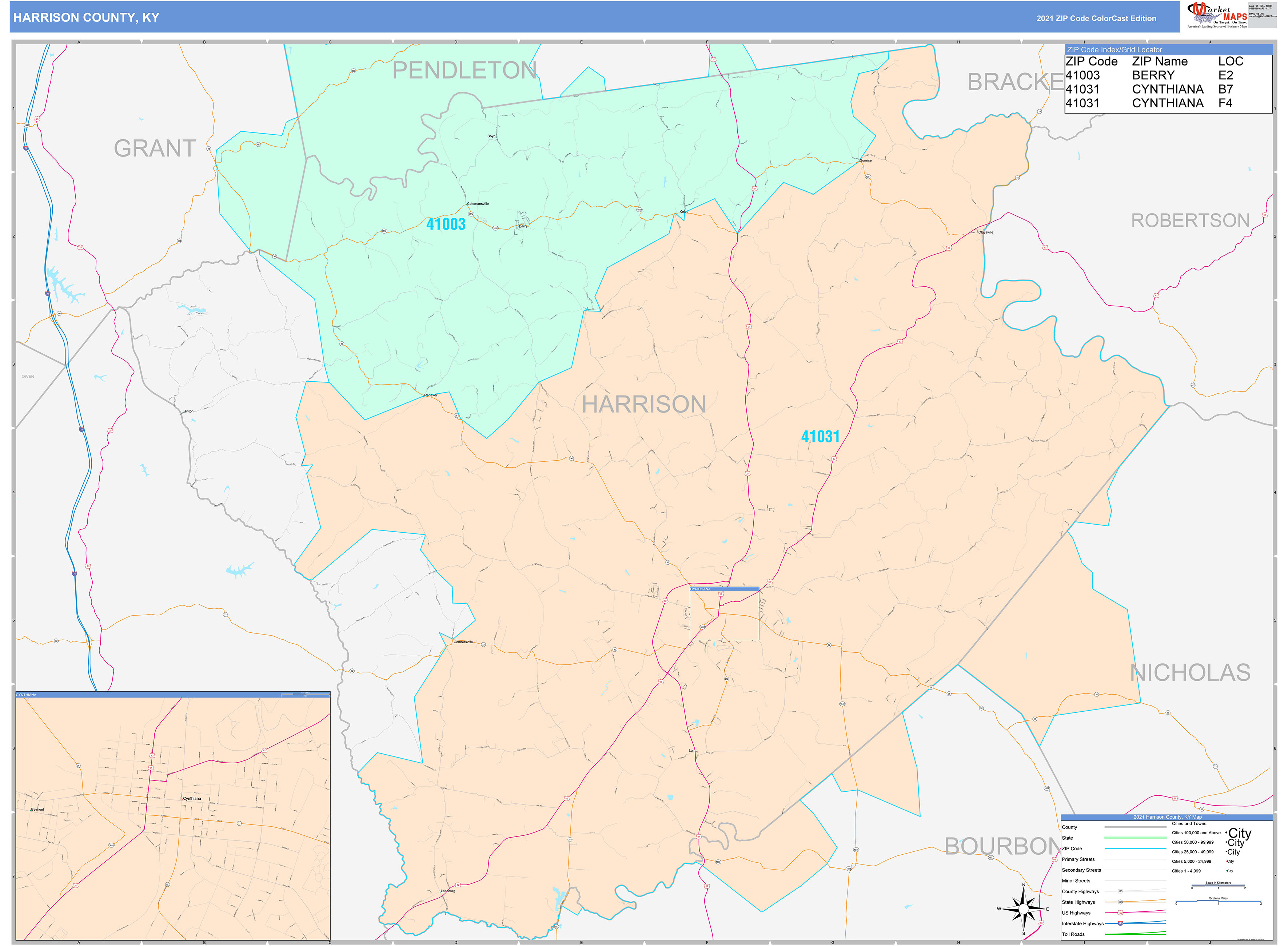 Harrison County, KY Wall Map Color Cast Style by MarketMAPS
