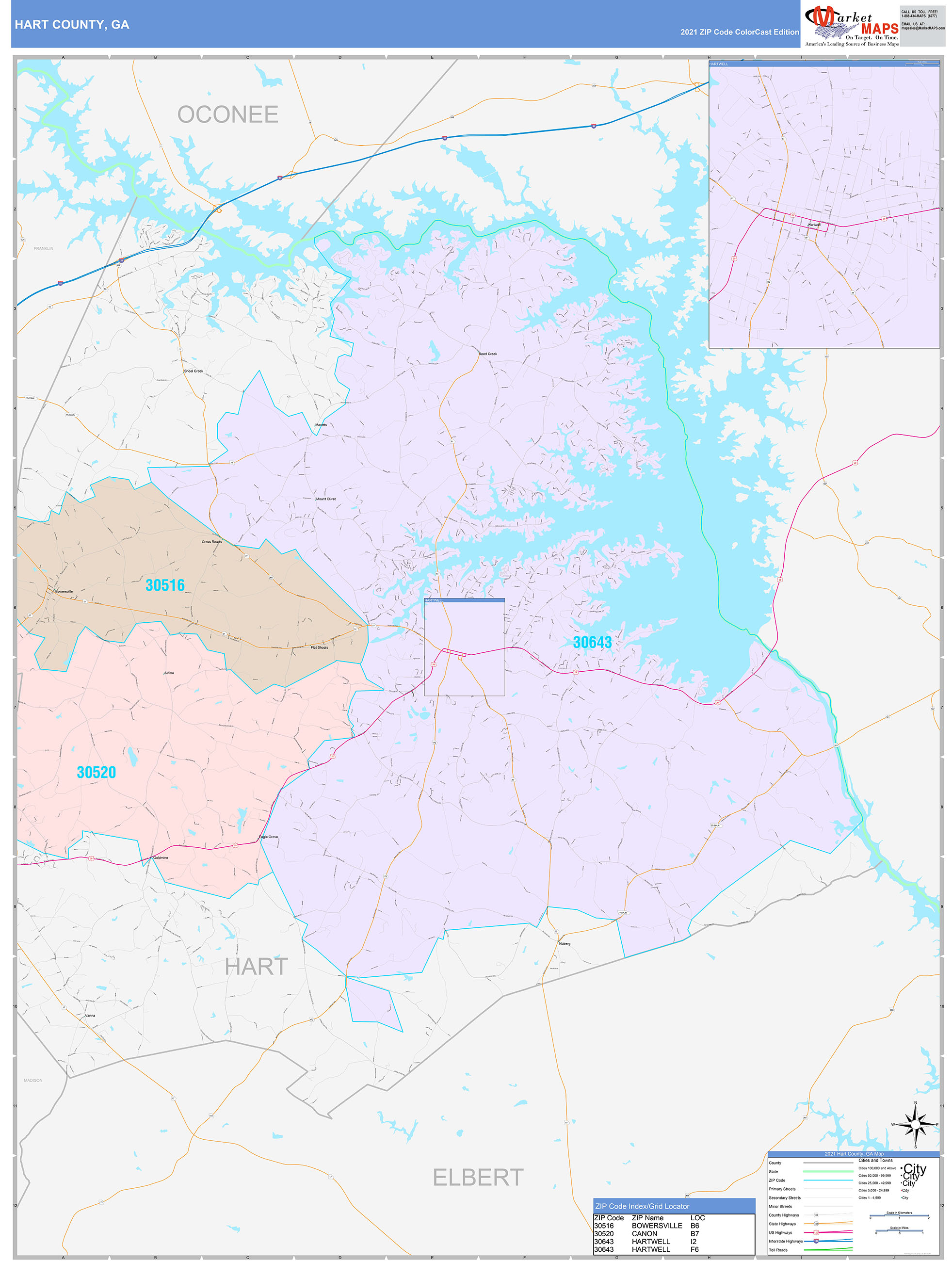 Hart County, GA Wall Map Color Cast Style by MarketMAPS