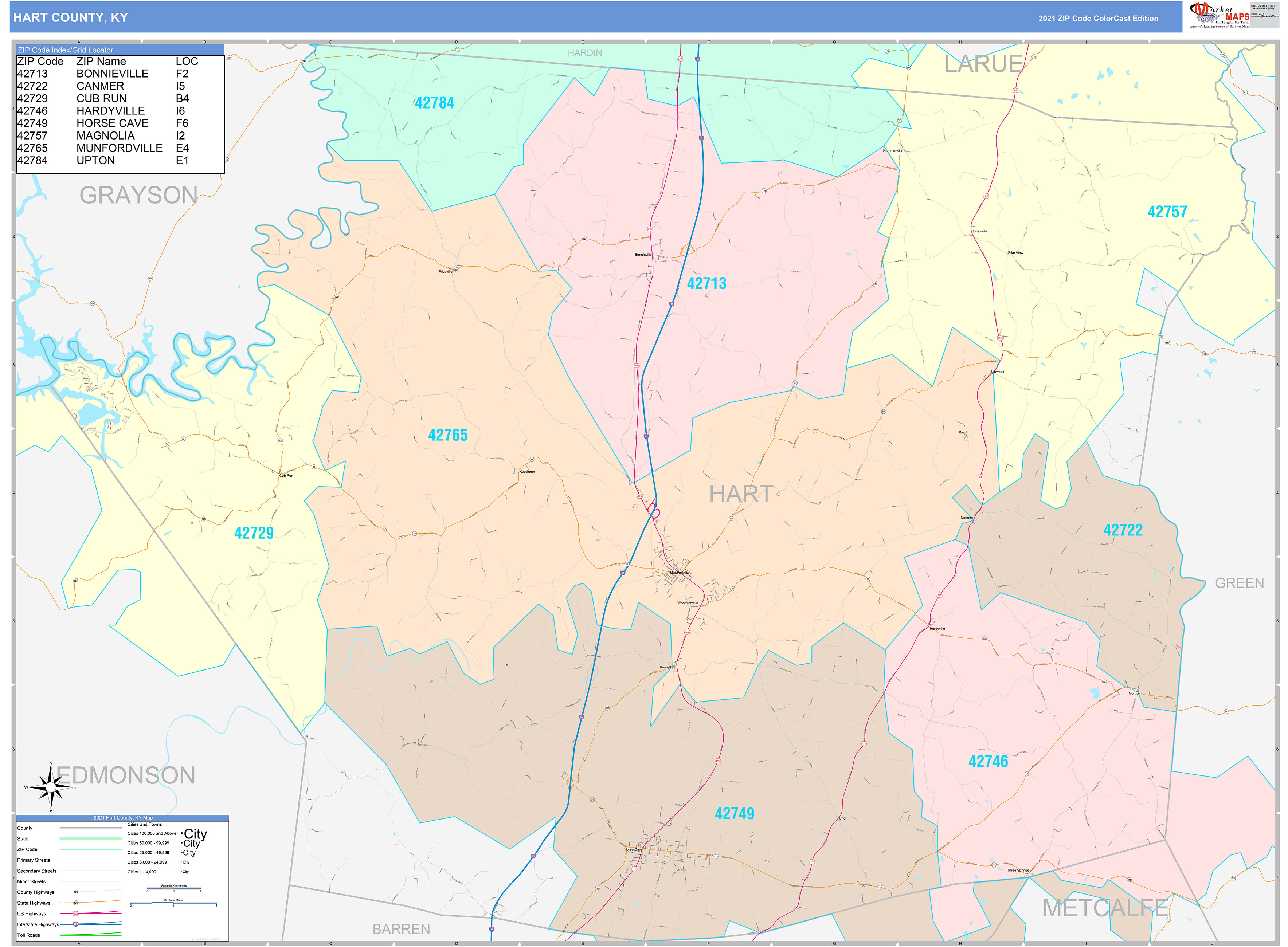 Hart County, KY Wall Map Color Cast Style by MarketMAPS