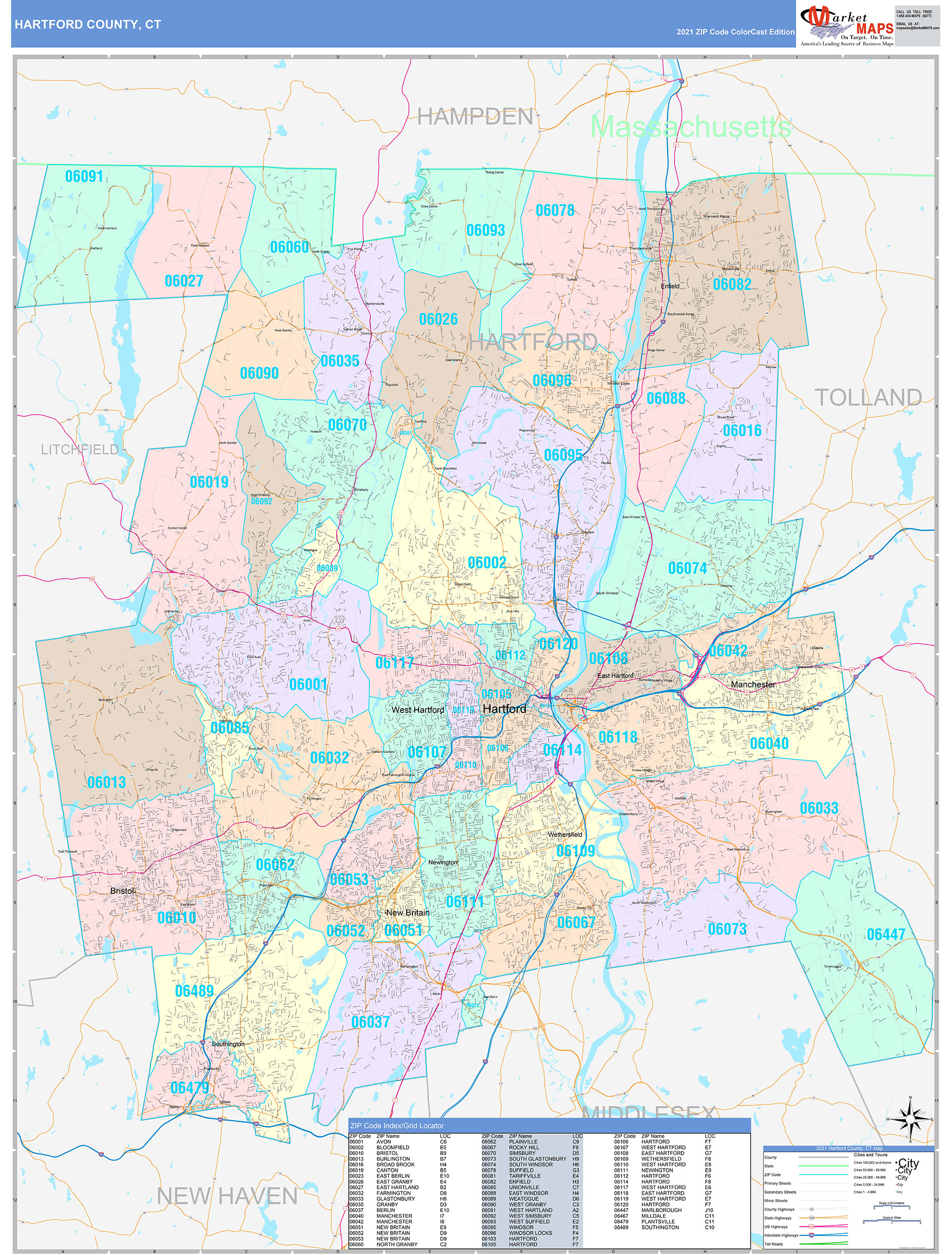 Hartford County, CT Wall Map Color Cast Style by MarketMAPS