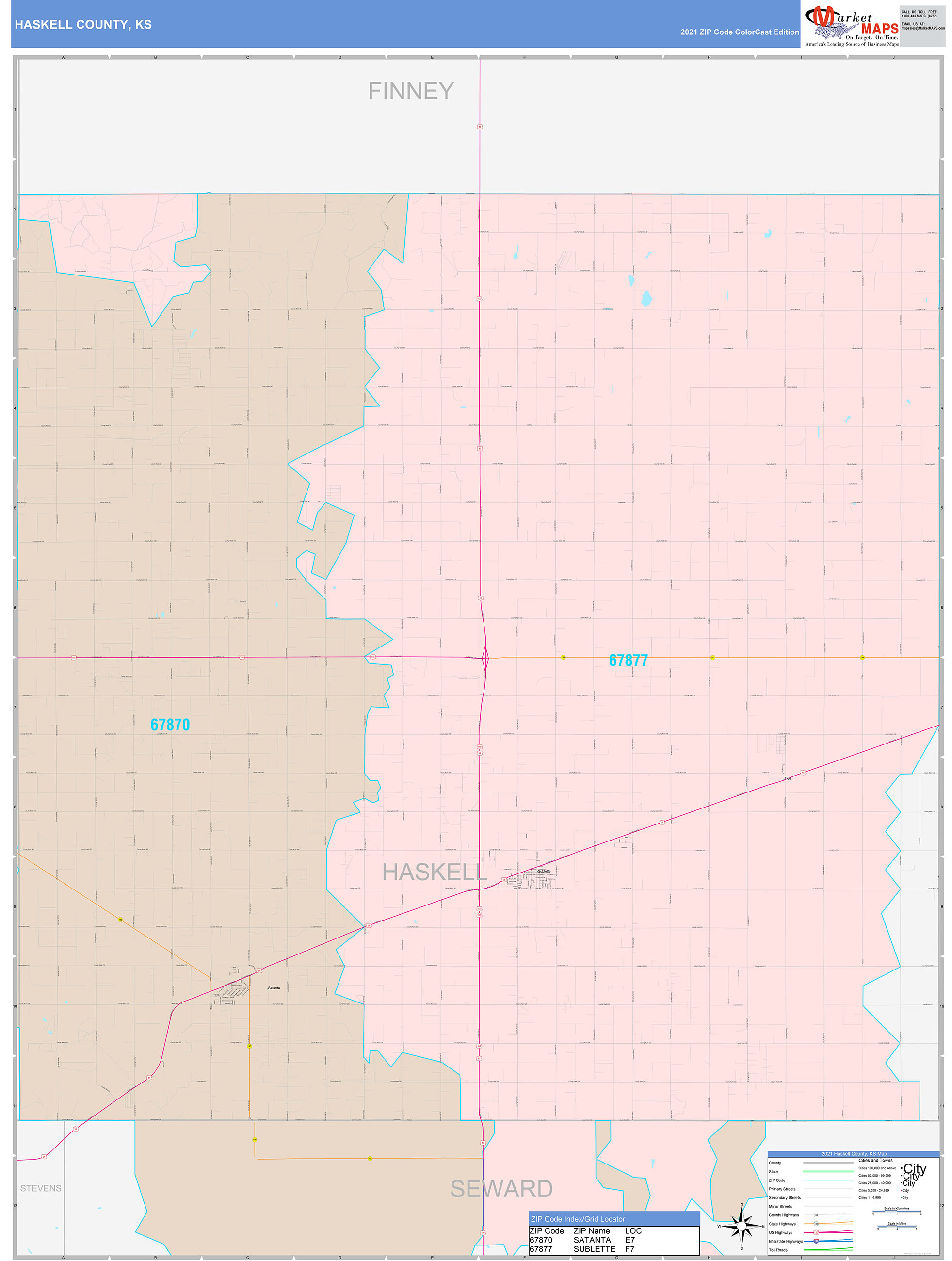 Haskell County, KS Wall Map Color Cast Style by MarketMAPS