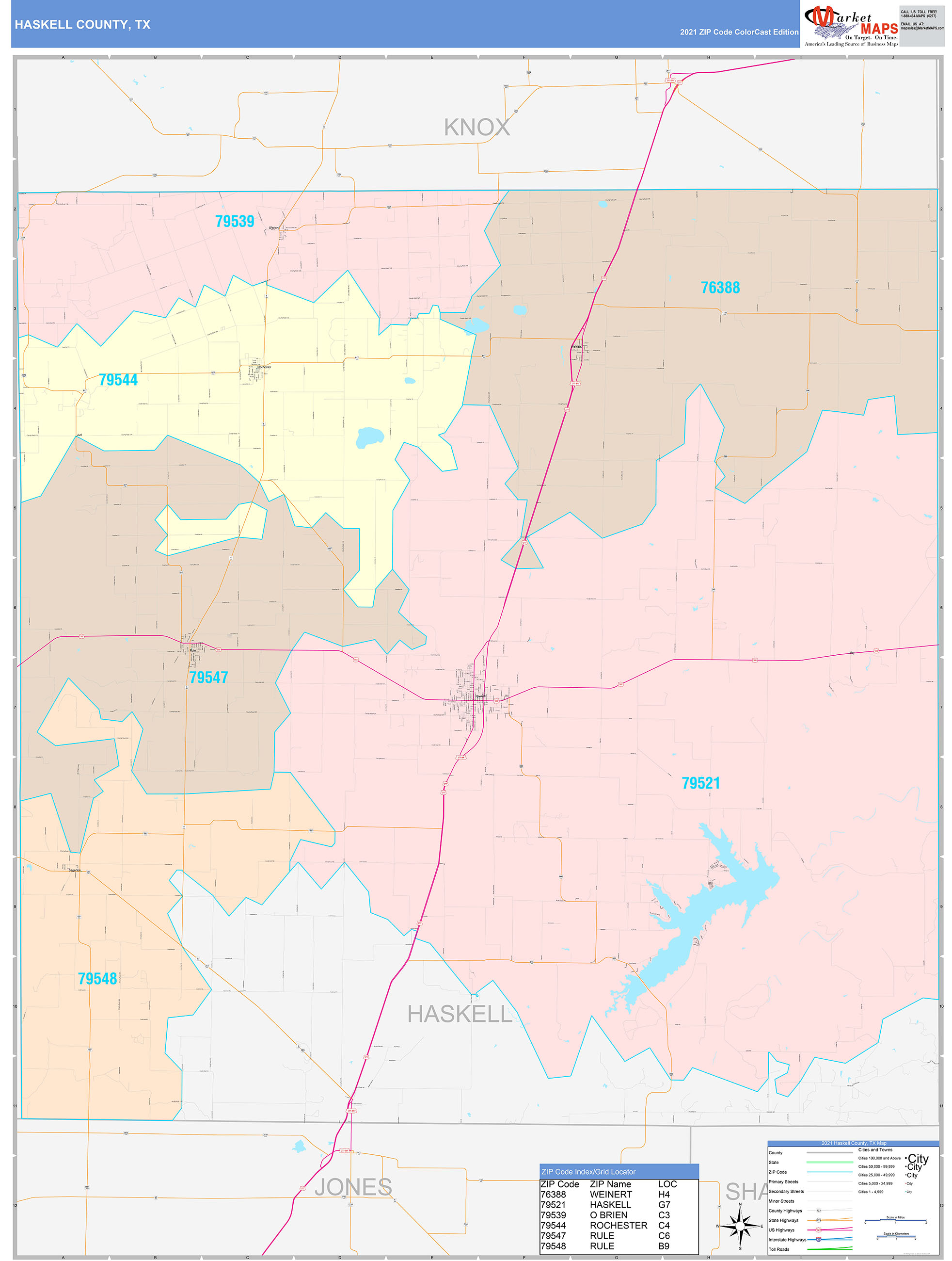 Haskell County, TX Wall Map Color Cast Style by MarketMAPS