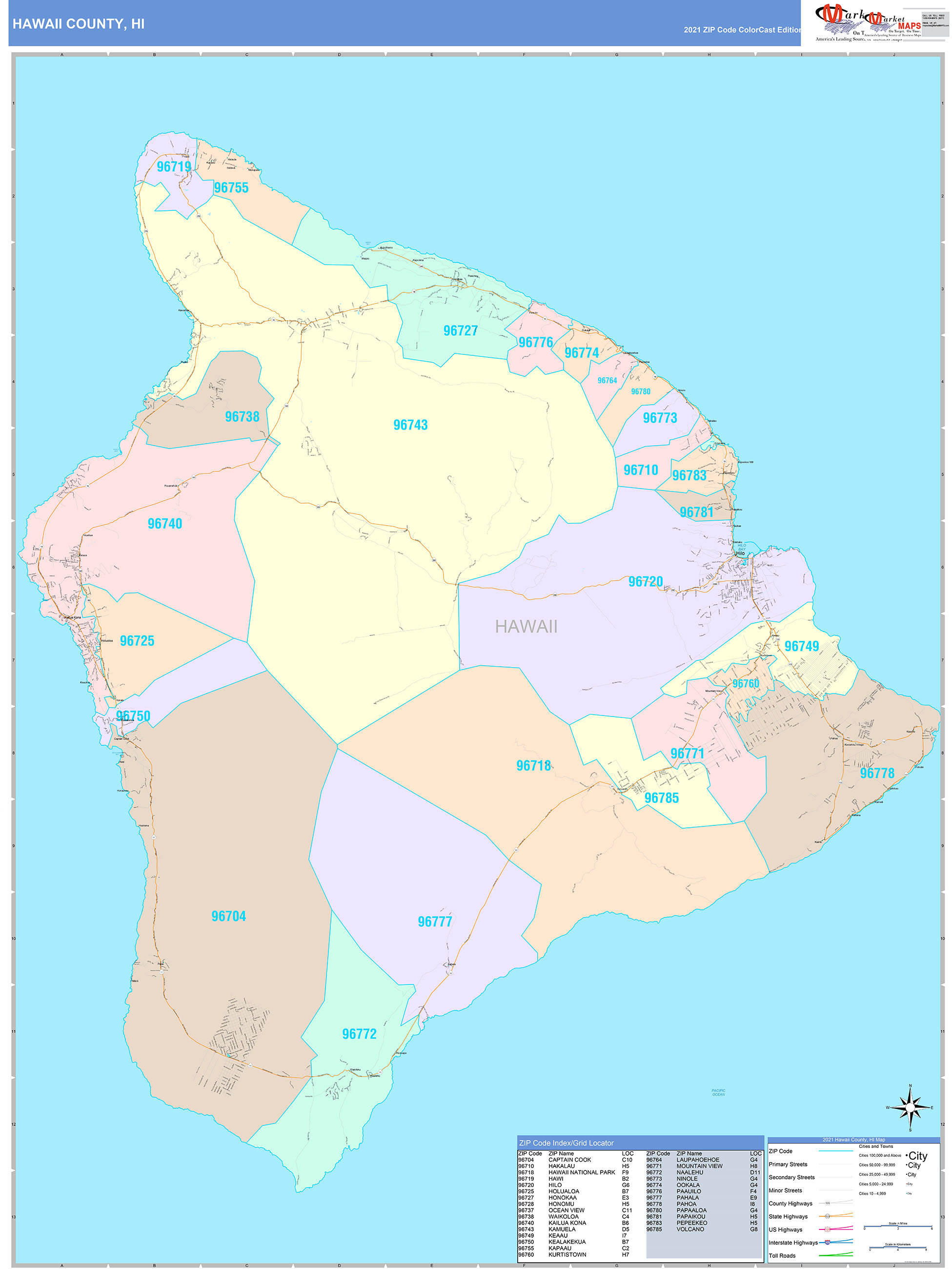 Hawaii County, HI Wall Map Color Cast Style by MarketMAPS MapSales