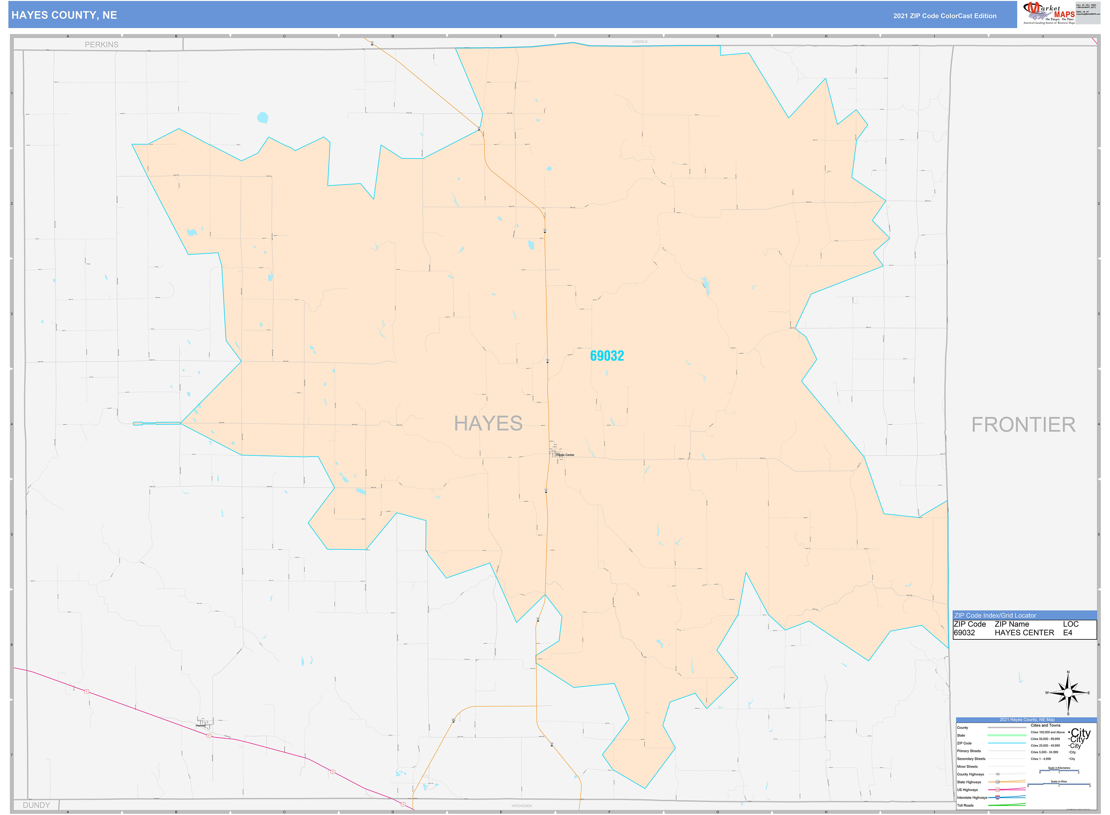 Hayes County, NE Wall Map Color Cast Style by MarketMAPS