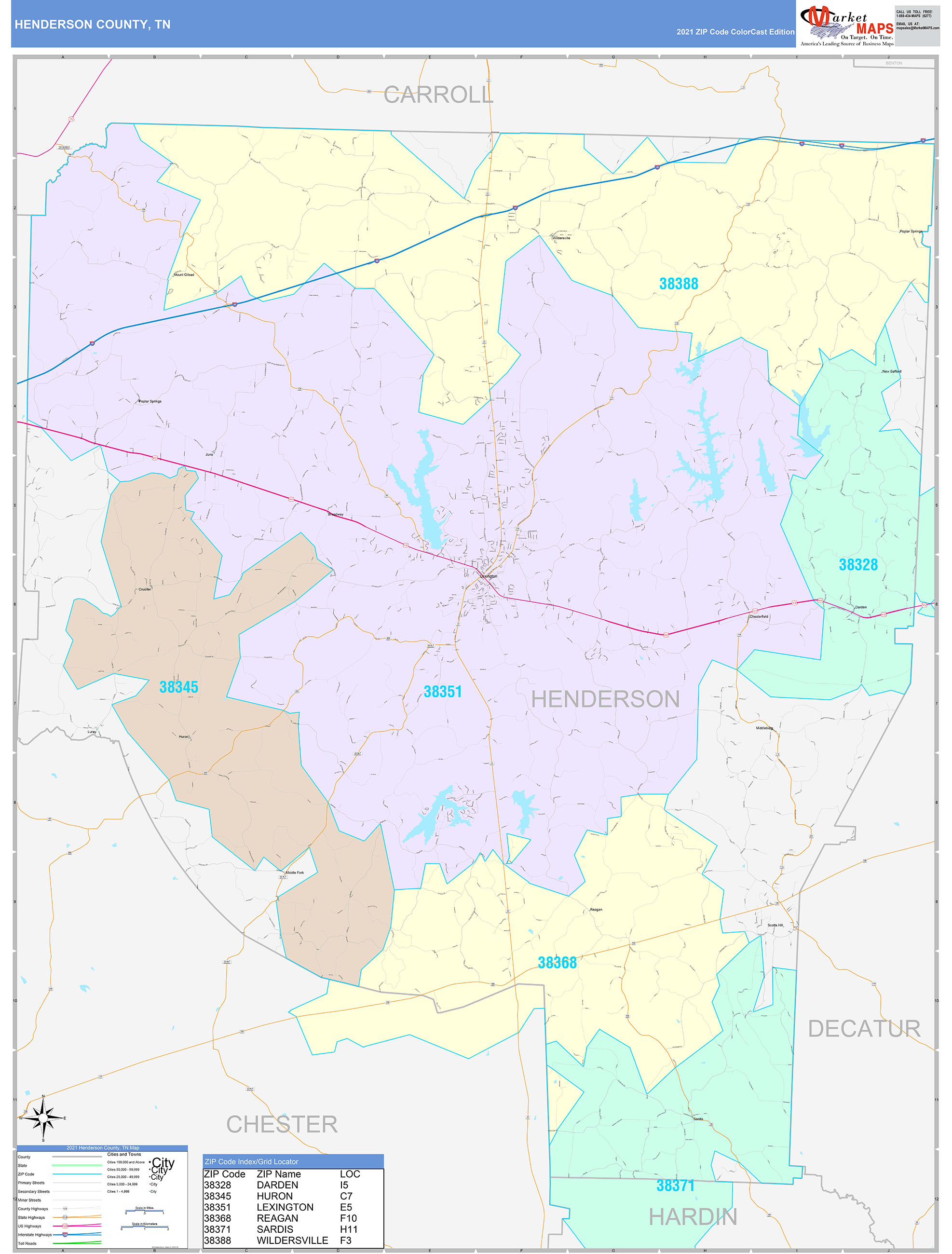 Henderson County, TN Wall Map Color Cast Style by MarketMAPS MapSales