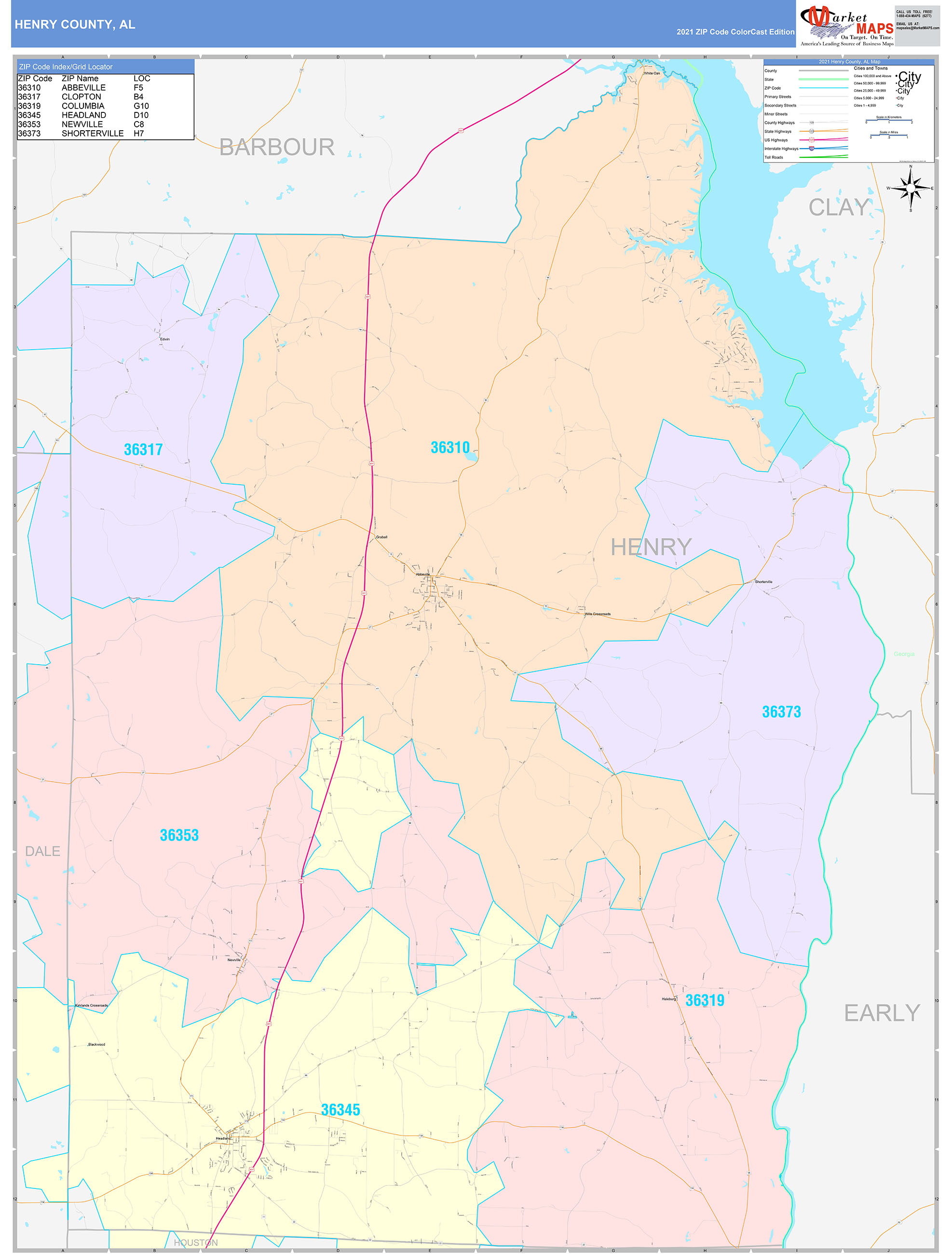 Henry County, AL Wall Map Color Cast Style by MarketMAPS