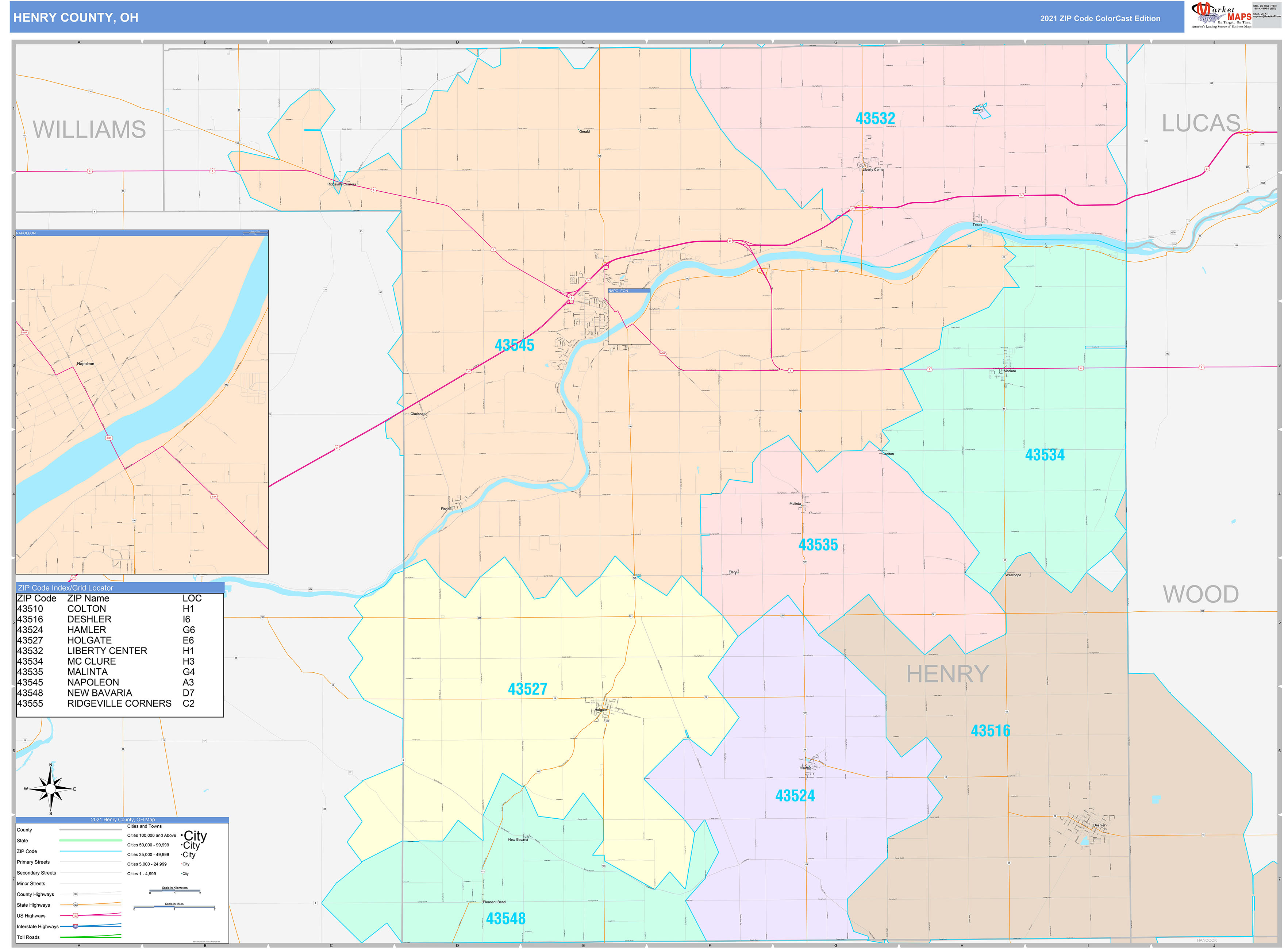 Henry County, OH Wall Map Color Cast Style by MarketMAPS