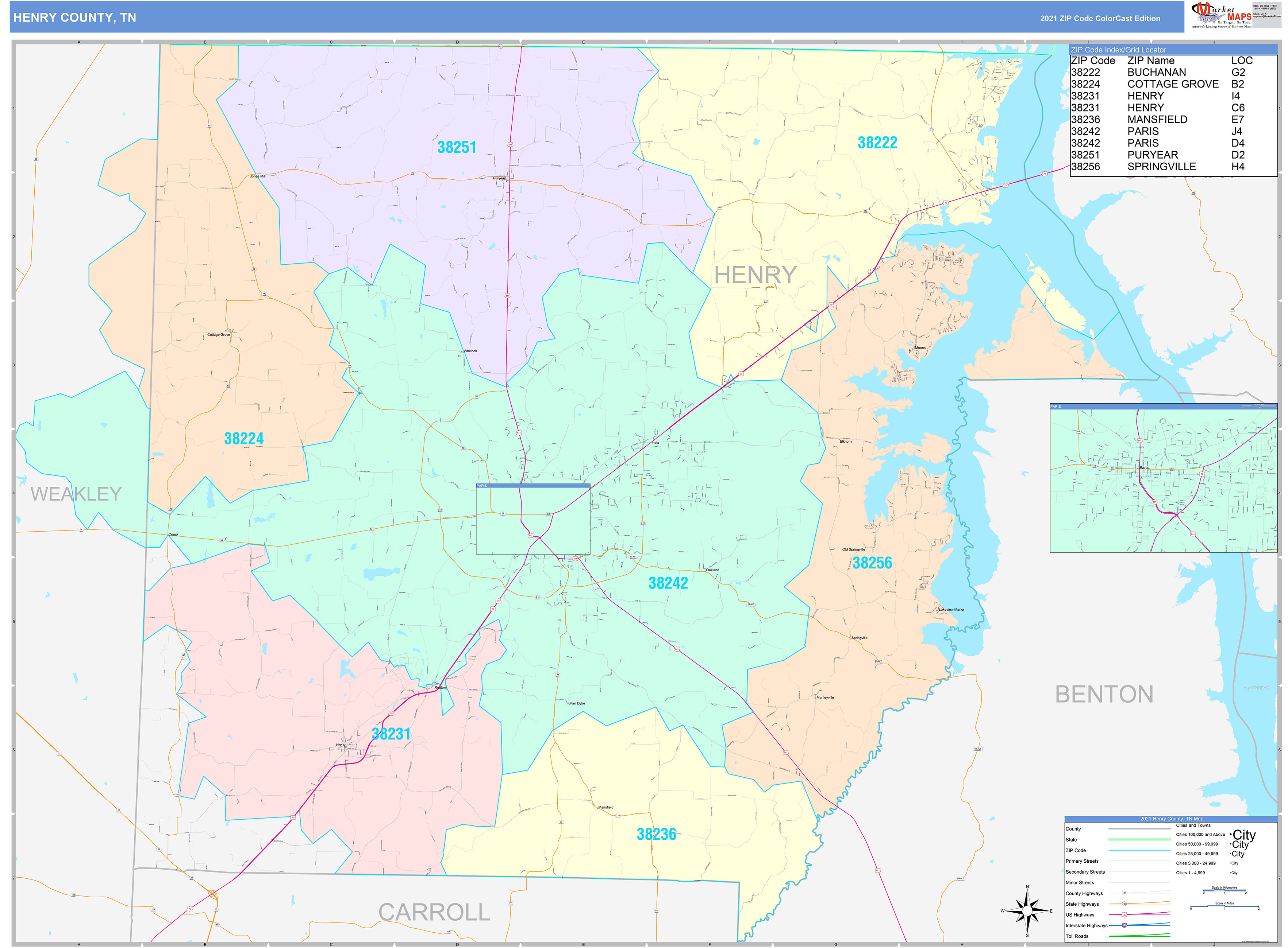 Henry County, TN Wall Map Color Cast Style by MarketMAPS