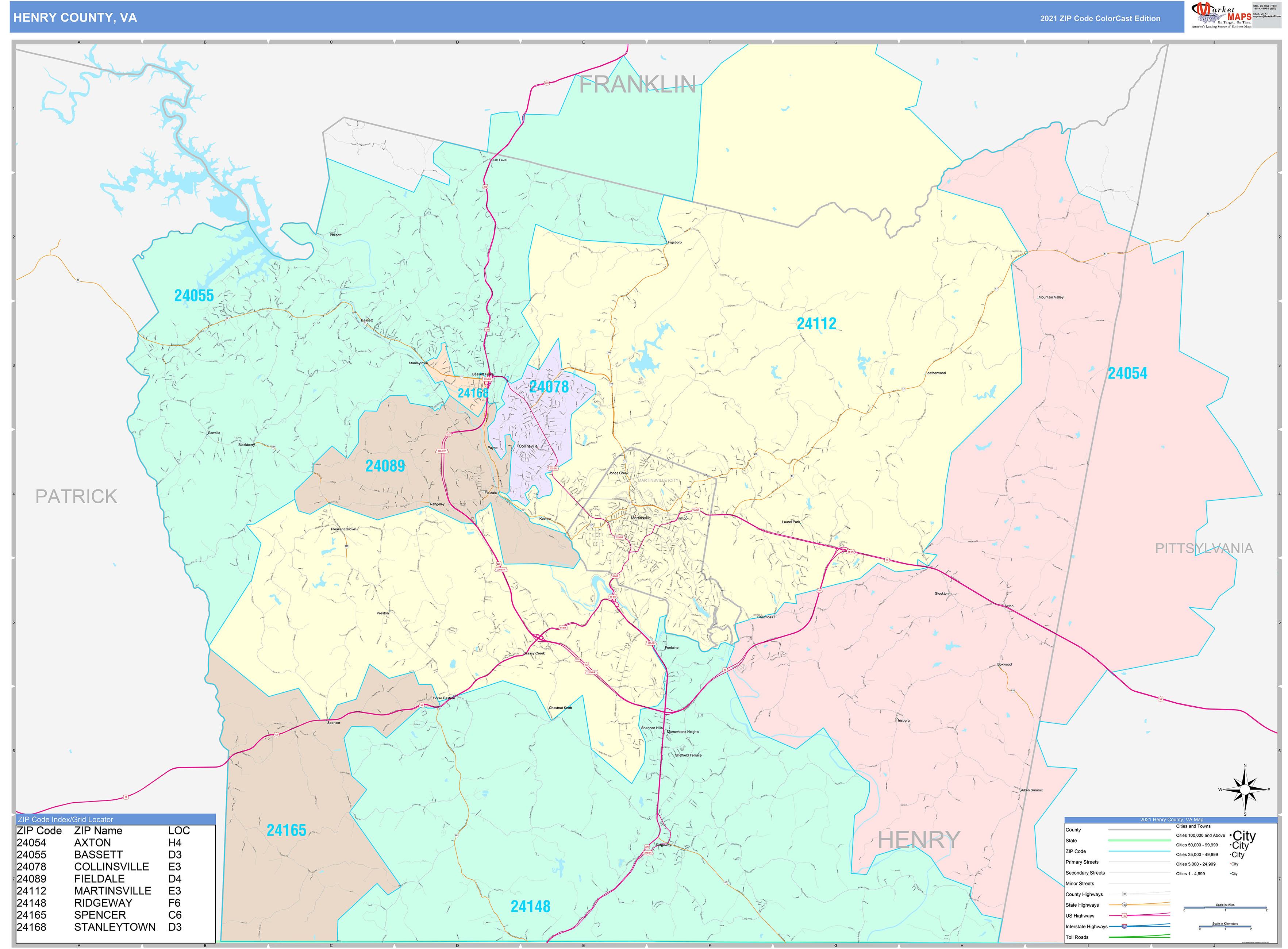 Henry County, VA Wall Map Color Cast Style by MarketMAPS