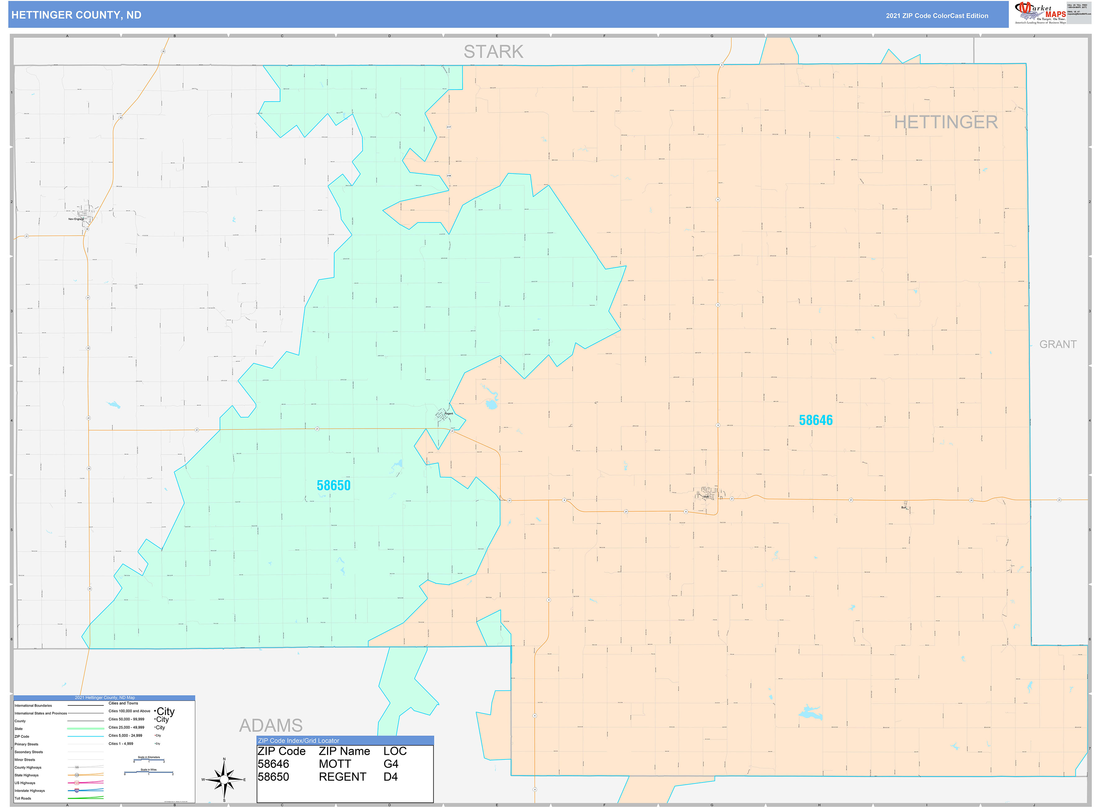 Hettinger County, ND Wall Map Color Cast Style by MarketMAPS MapSales