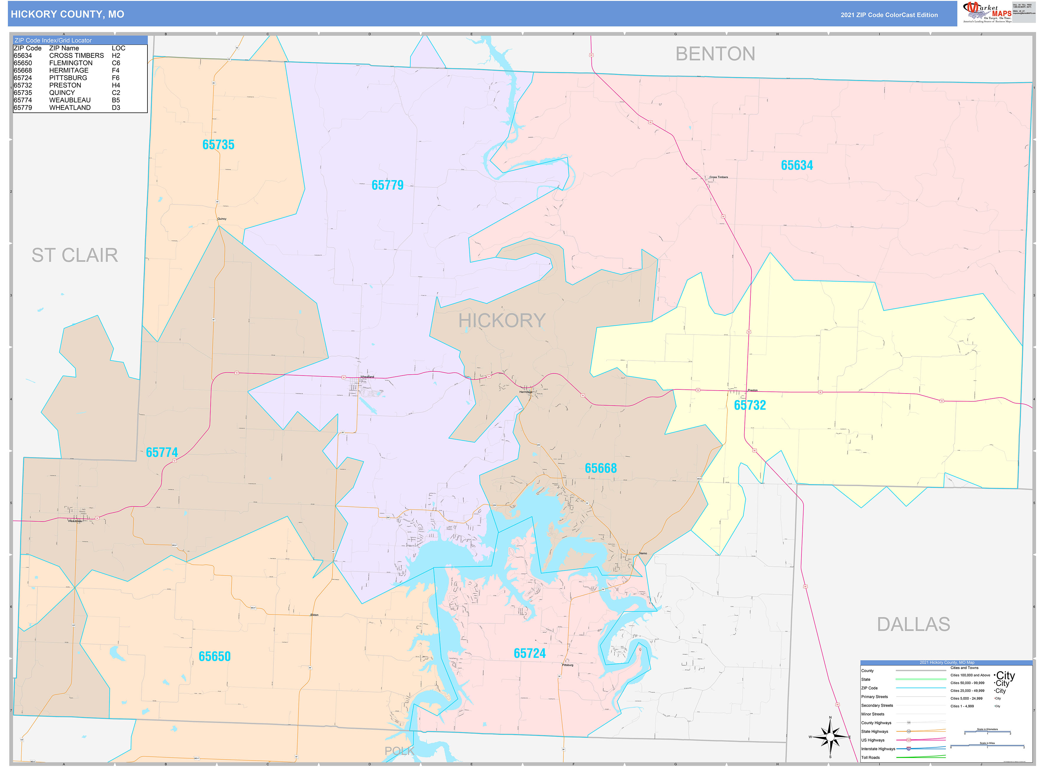 Hickory County, MO Wall Map Color Cast Style by MarketMAPS