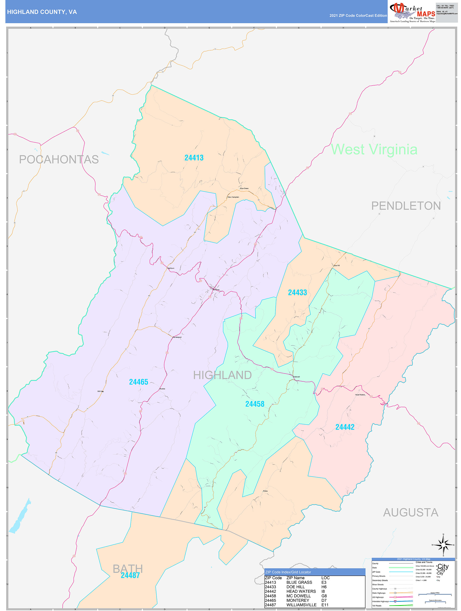 Highland County, VA Wall Map Color Cast Style by MarketMAPS