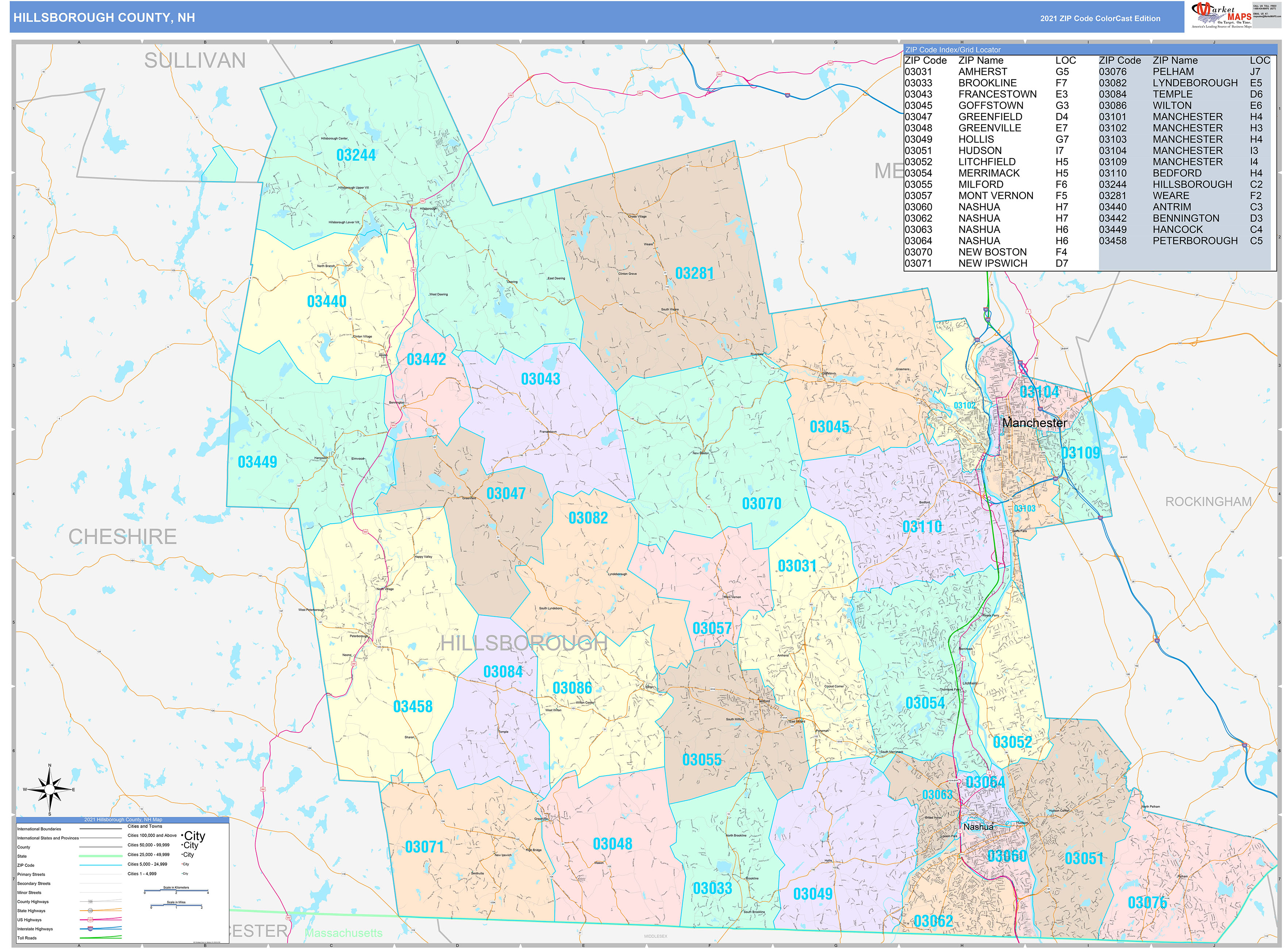 Hillsborough County, NH Wall Map Color Cast Style by MarketMAPS