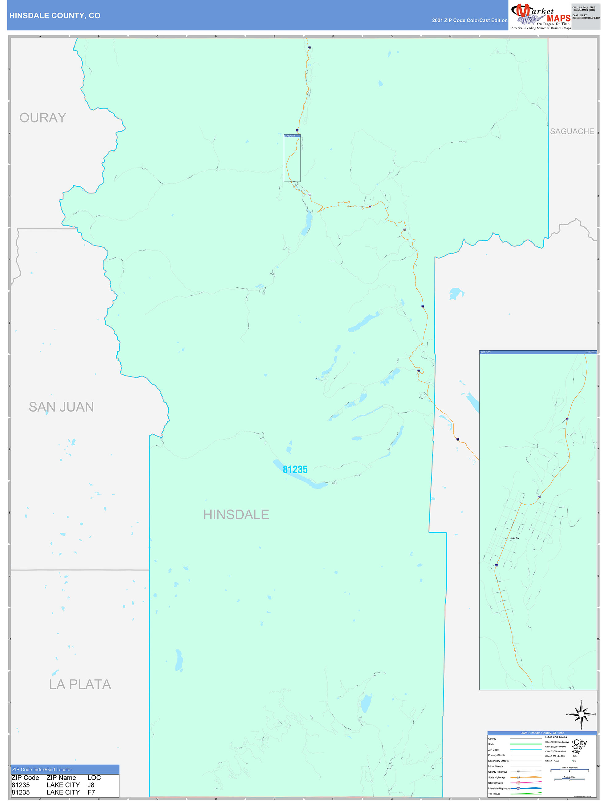 Hinsdale County, CO Wall Map Color Cast Style by MarketMAPS MapSales