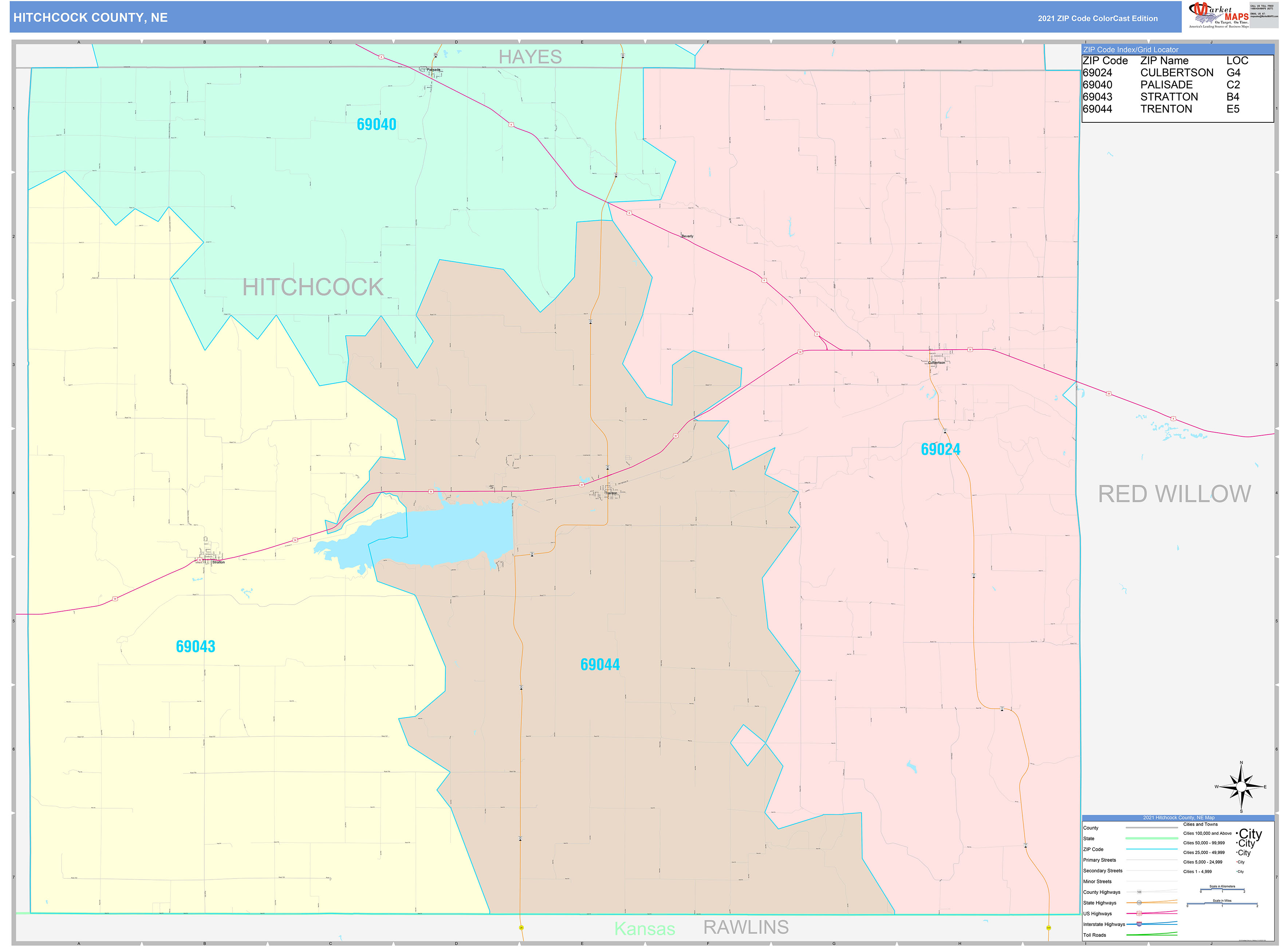 Hitchcock County, NE Wall Map Color Cast Style by MarketMAPS MapSales