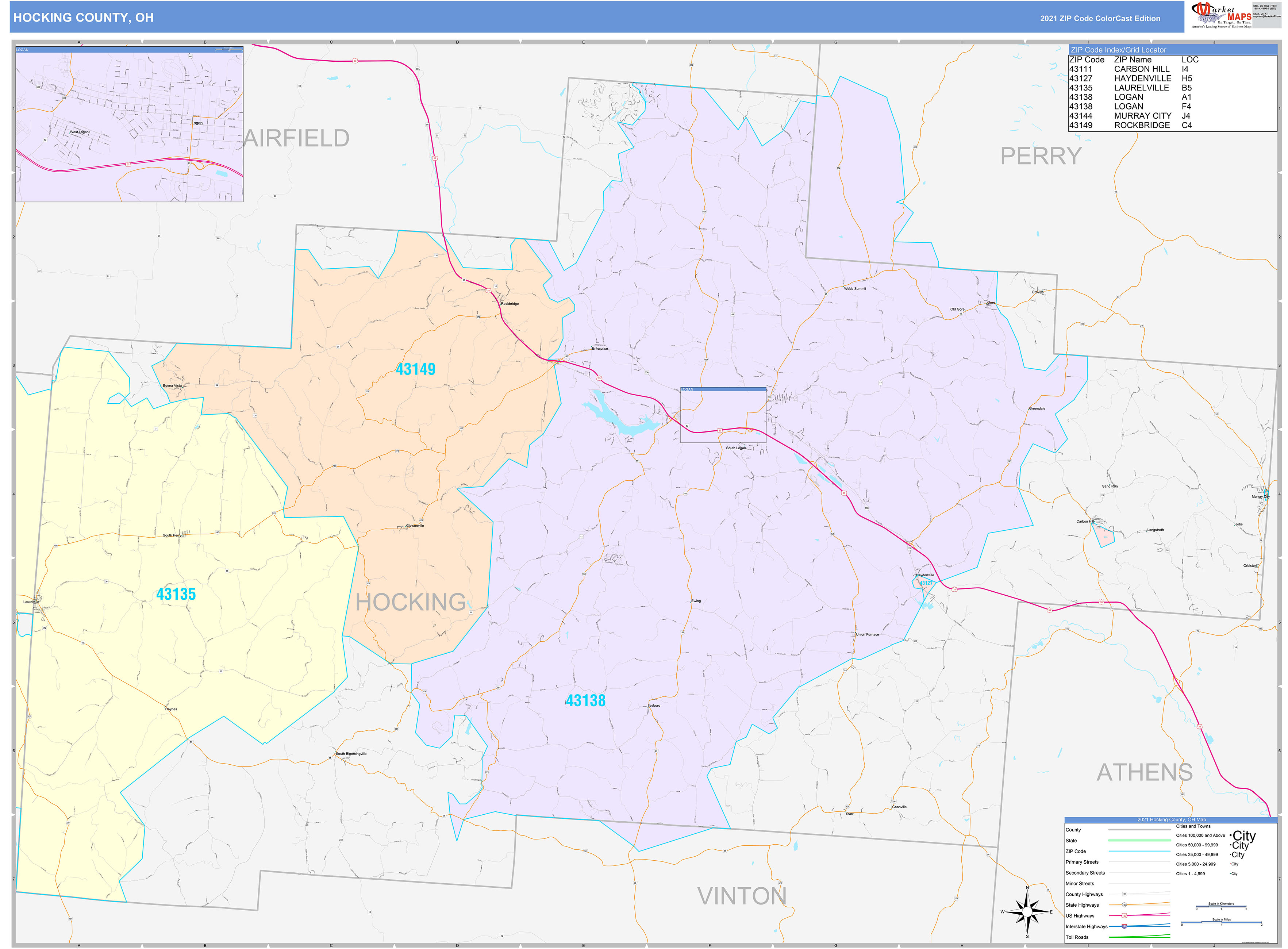 Hocking County, OH Wall Map Color Cast Style by MarketMAPS