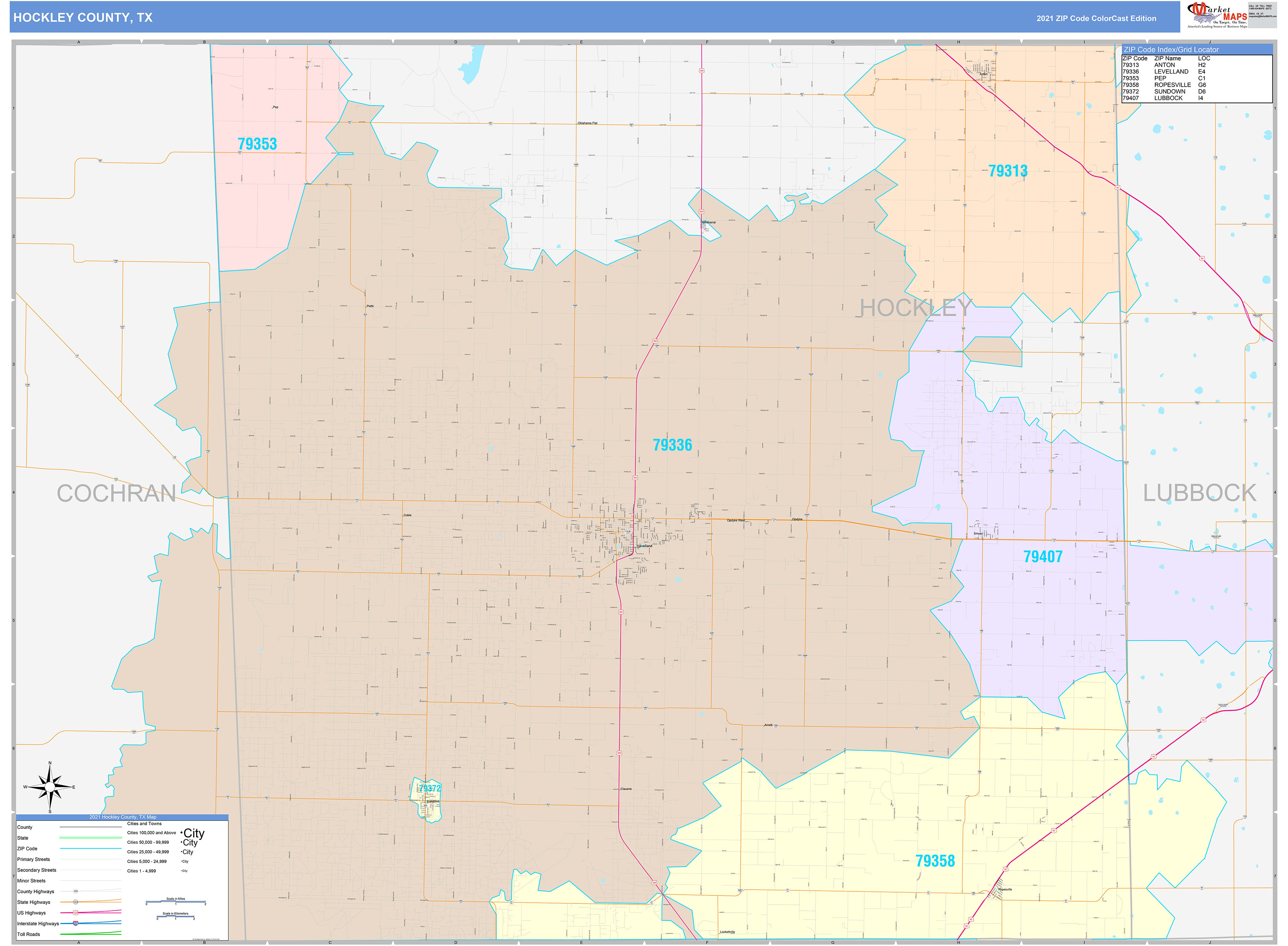 Hockley County, TX Wall Map Color Cast Style by MarketMAPS