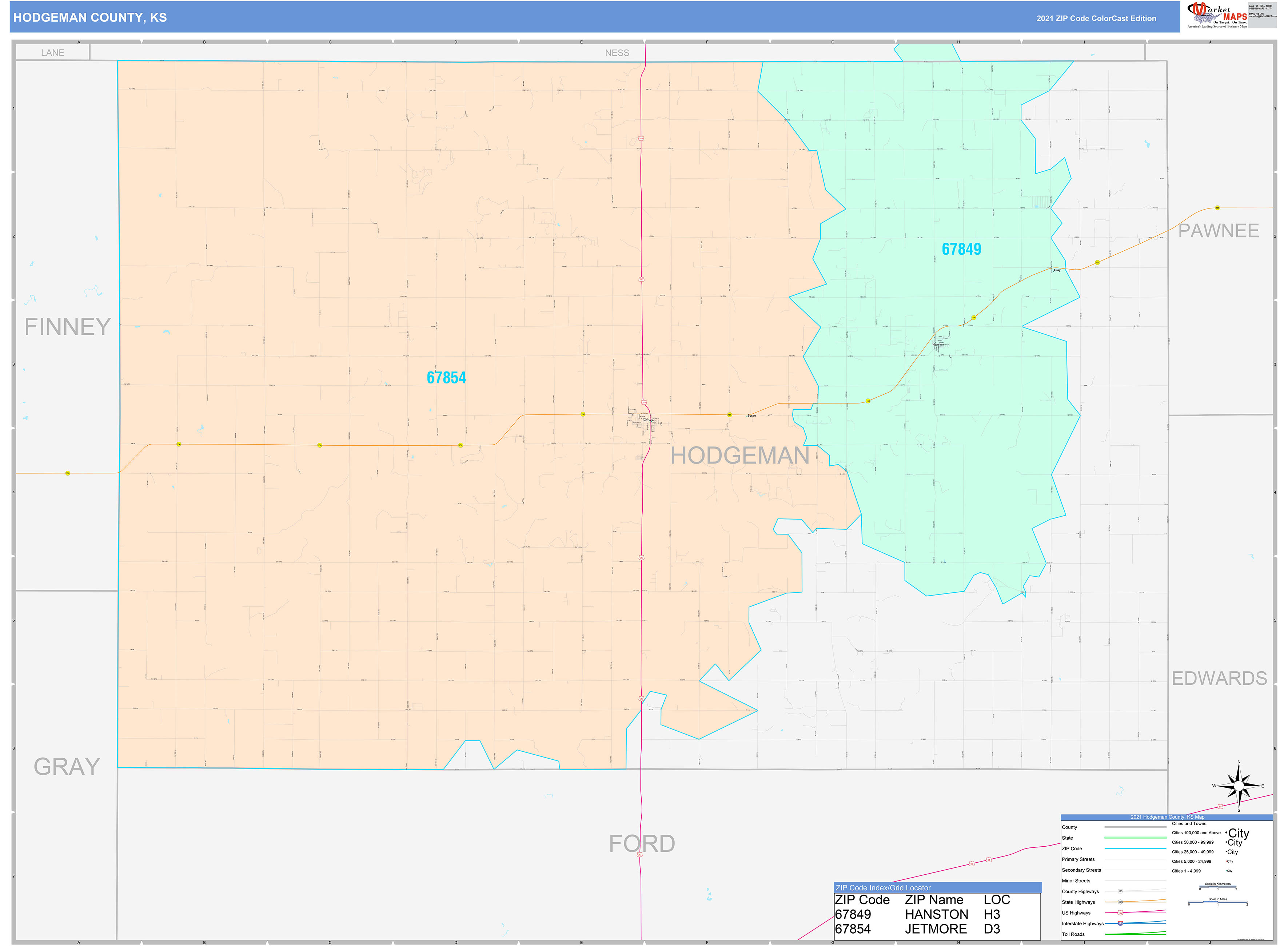 Hodgeman County, KS Wall Map Color Cast Style by MarketMAPS MapSales