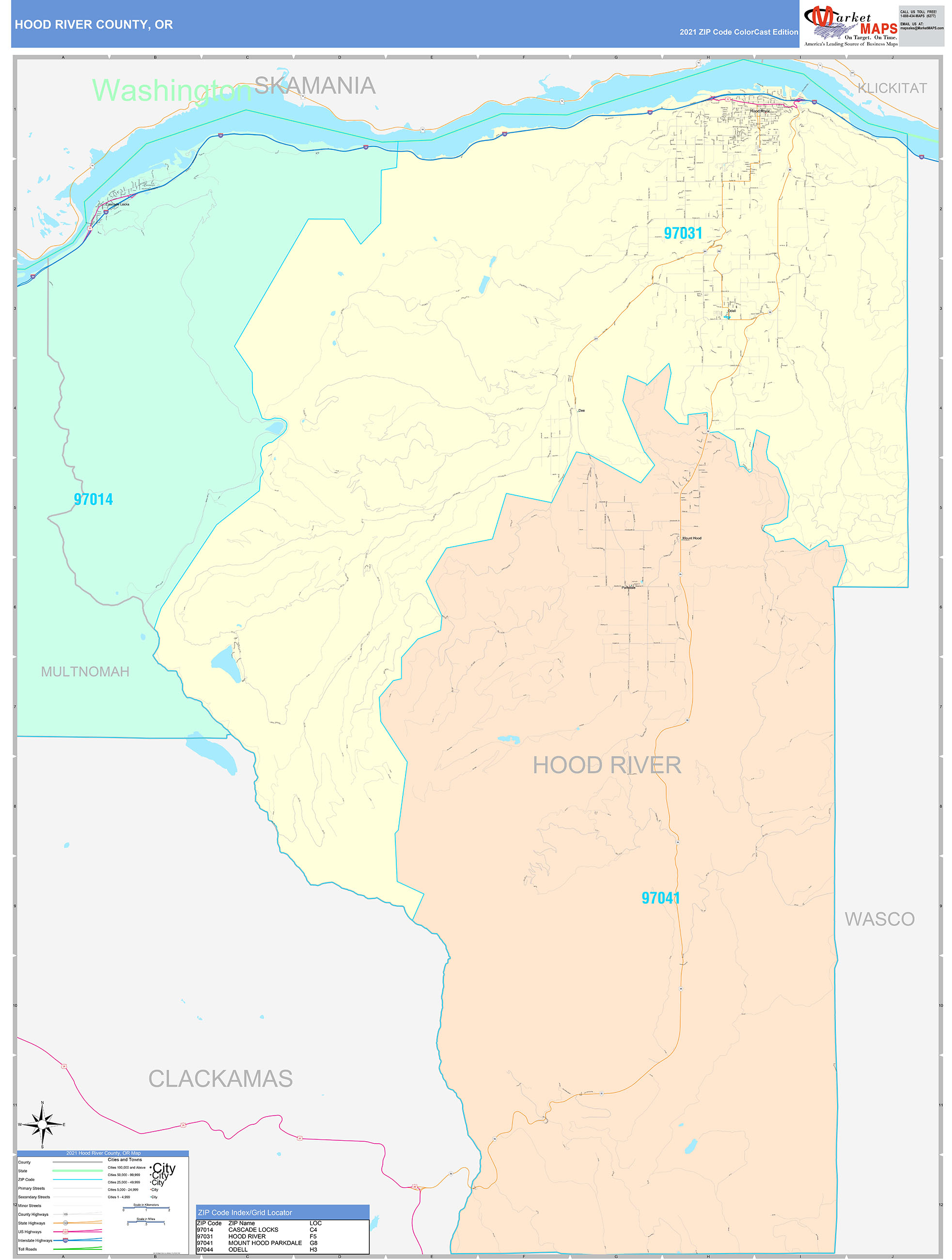 Hood River County, OR Wall Map Color Cast Style by MarketMAPS