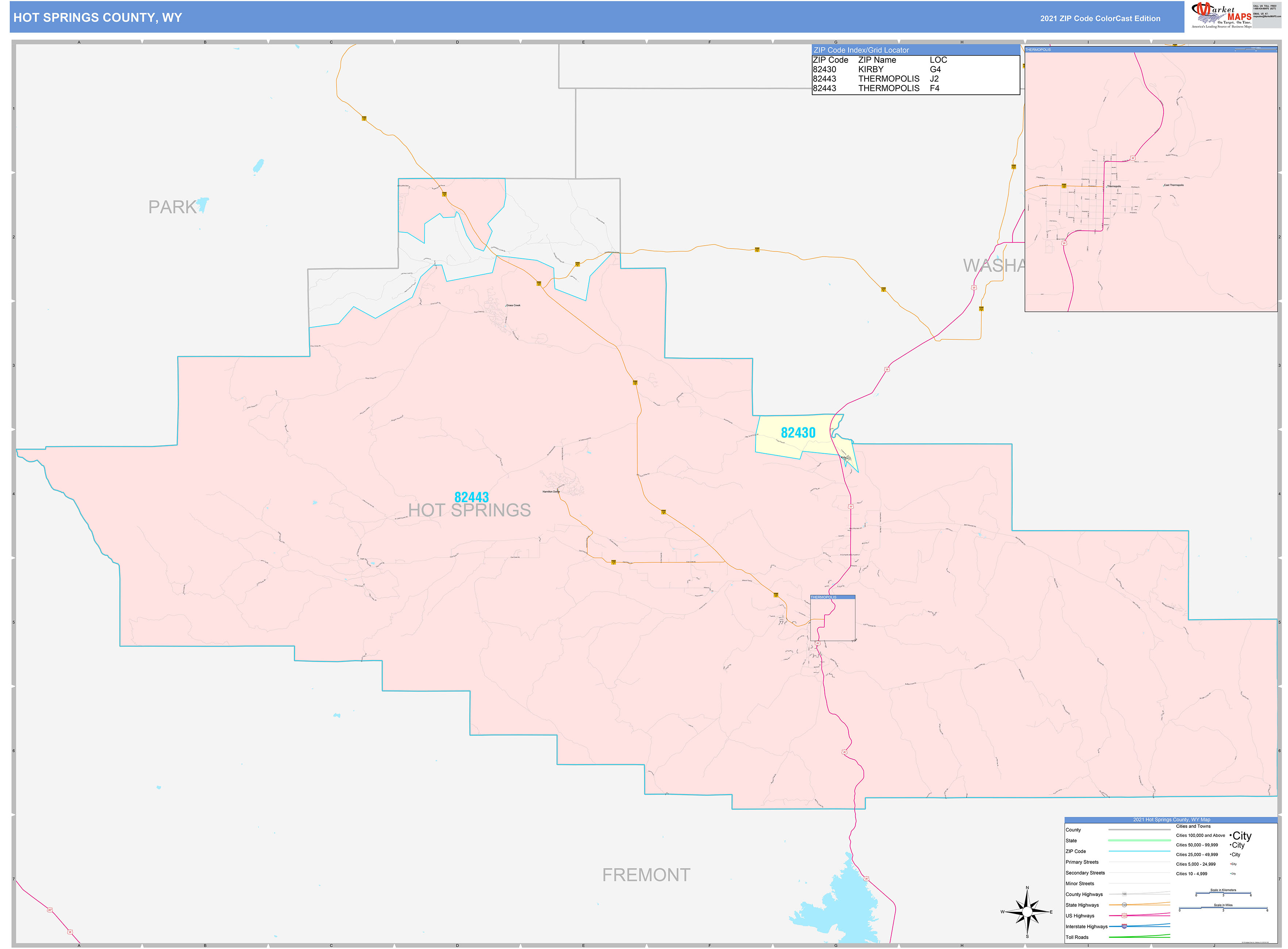 Hot Springs County, WY Wall Map Color Cast Style by MarketMAPS