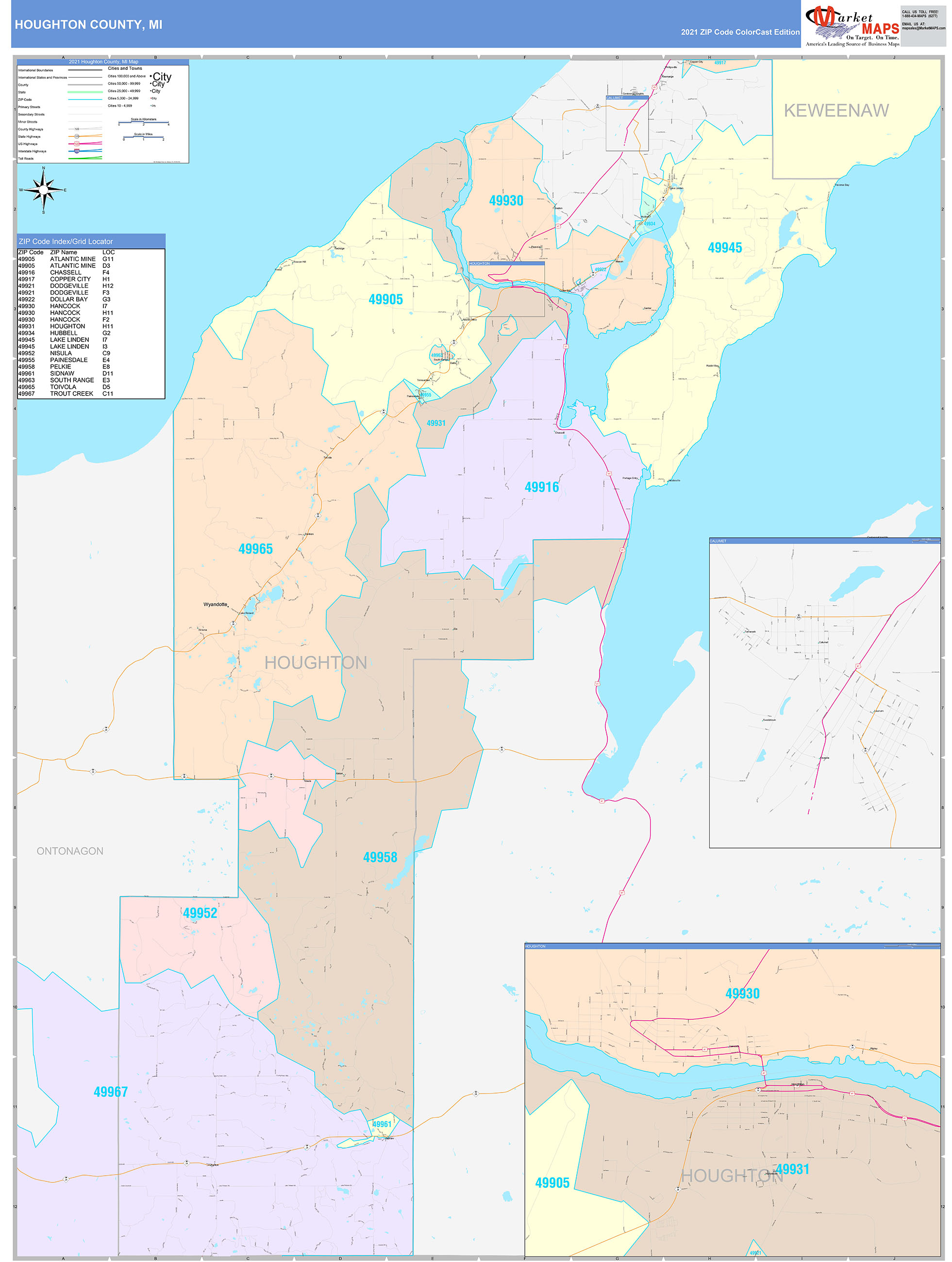 Houghton County, MI Wall Map Color Cast Style by MarketMAPS MapSales
