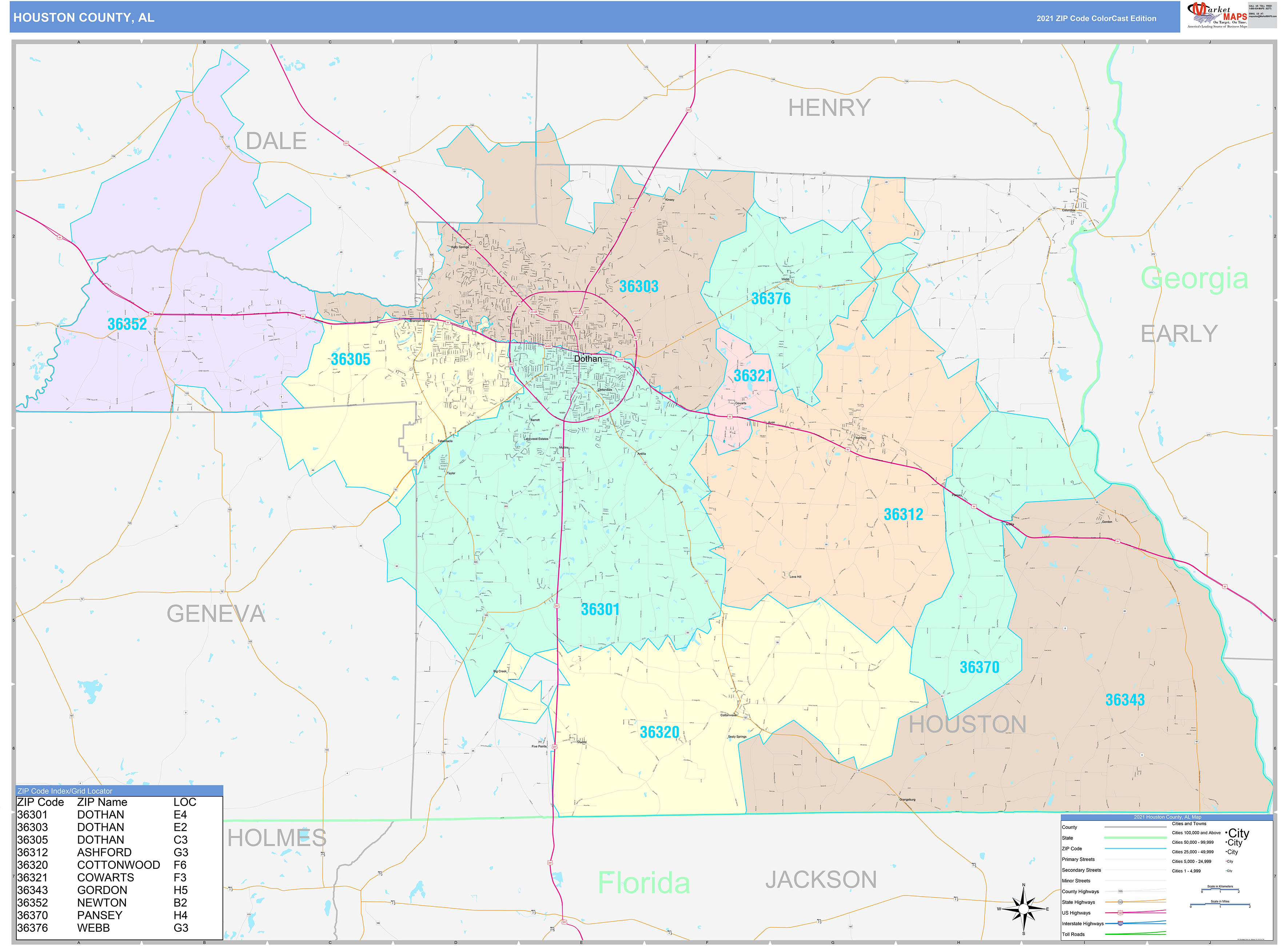 Houston County, AL Wall Map Color Cast Style by MarketMAPS MapSales