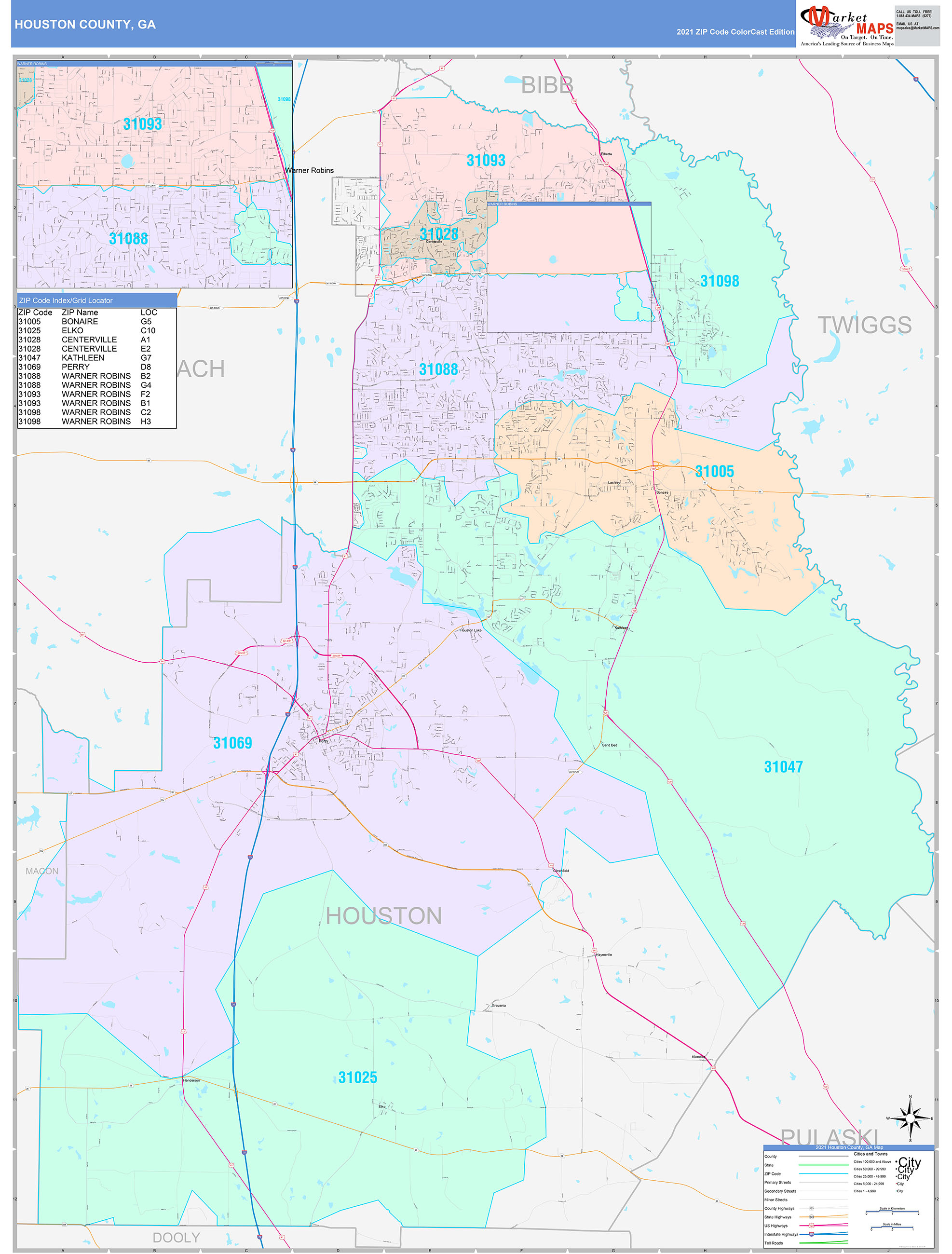 Houston County, GA Wall Map Color Cast Style by MarketMAPS - MapSales